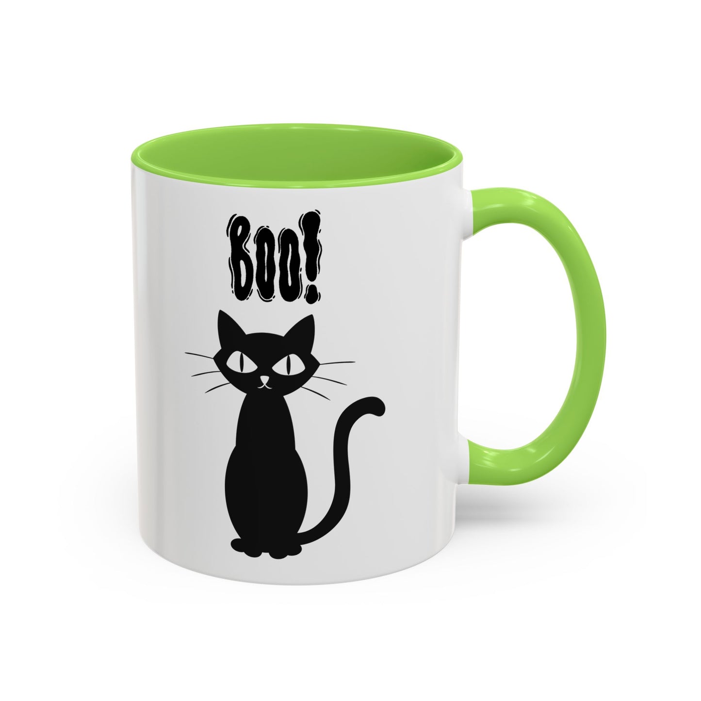 ''Boo" Black Kitty, White Ceramic Mugs With Colorful Accents (11oz and 15oz)