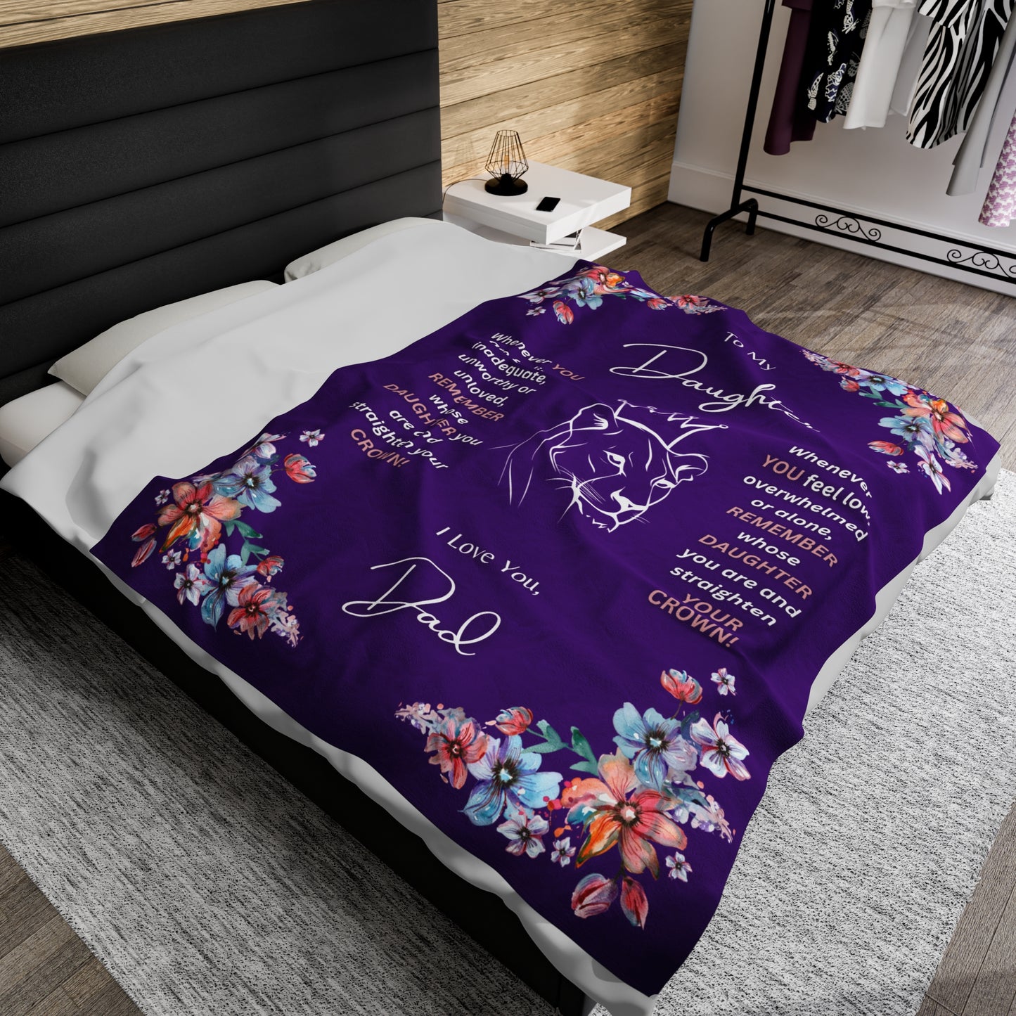 "To My Daughter-Lion Princess" 60 in x 80 in Velveteen Plush Blanket in Royal Purple