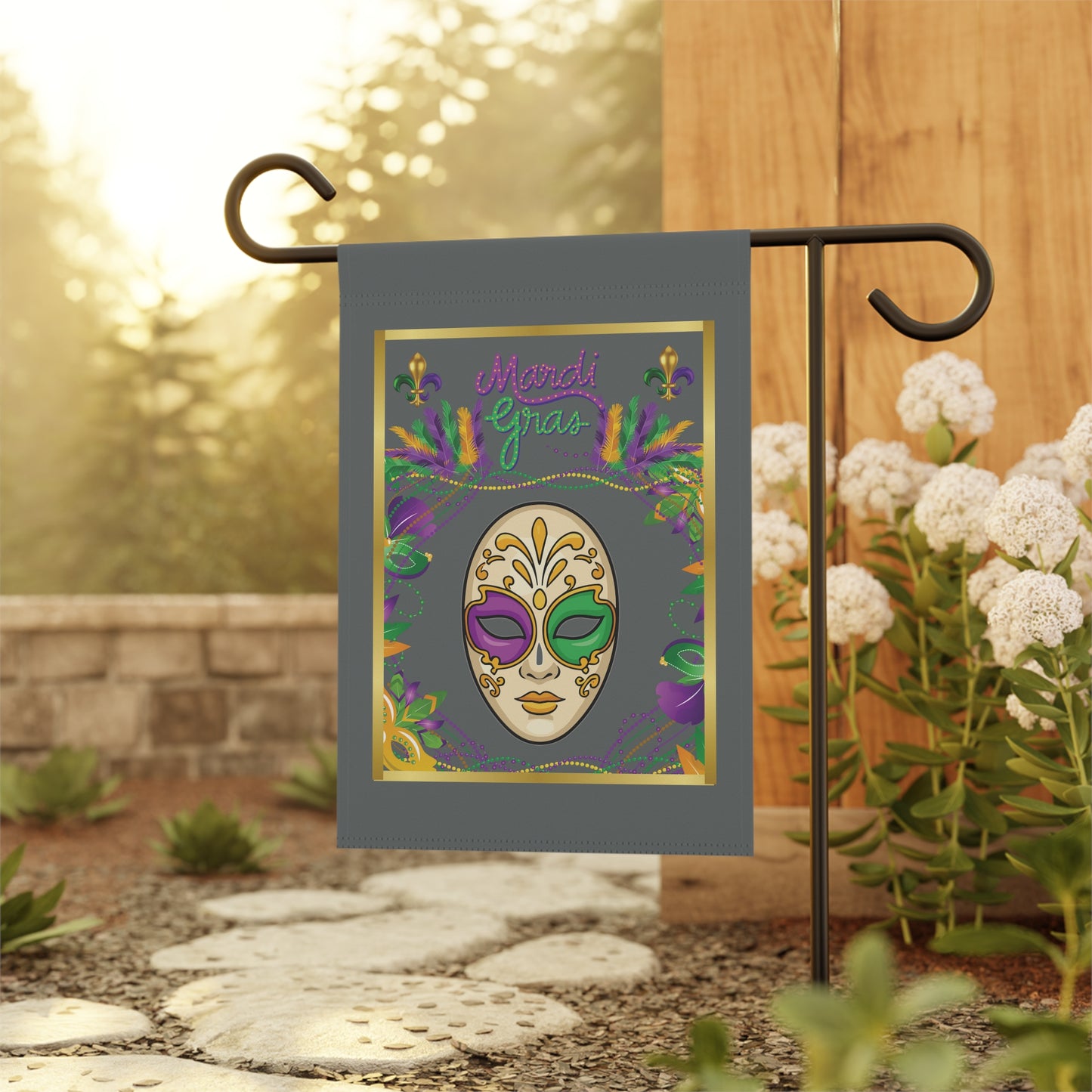 "Mardi Gras Mask", Garden Flag/House Banner In Dark Gray. Lovely Carnival Mask Heralds In The Mardi Gras Season!