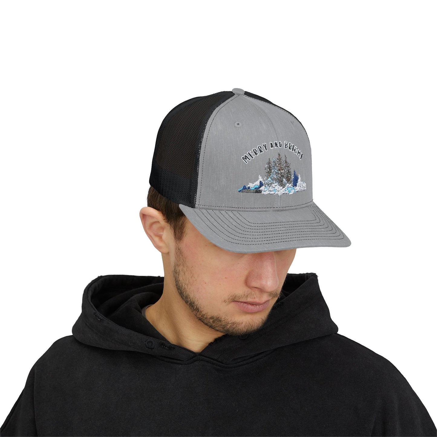 "Merry and Bright" Embroidered Snapback Trucker Cap