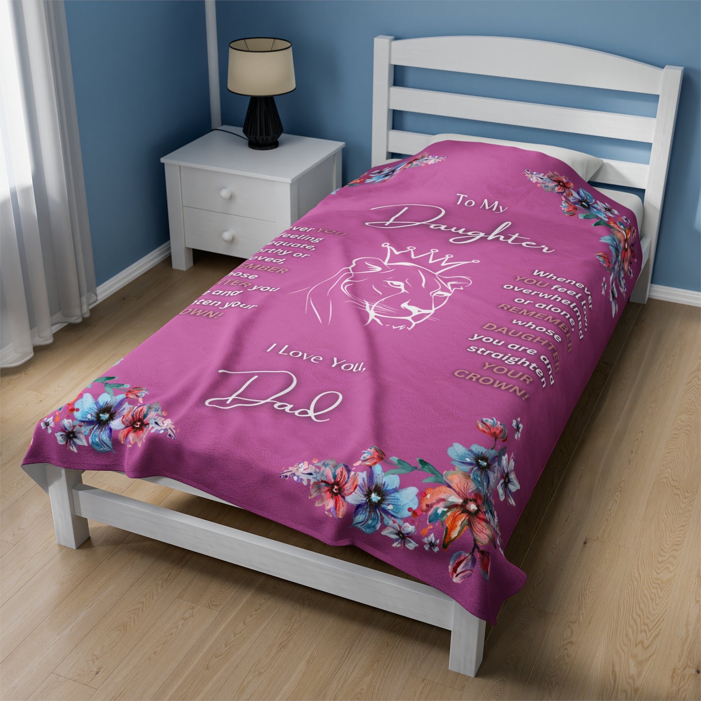 "To My Daughter-Lion Princess", 60 in x 80 in Velveteen Plush Blanket-Bubble Gum Pink