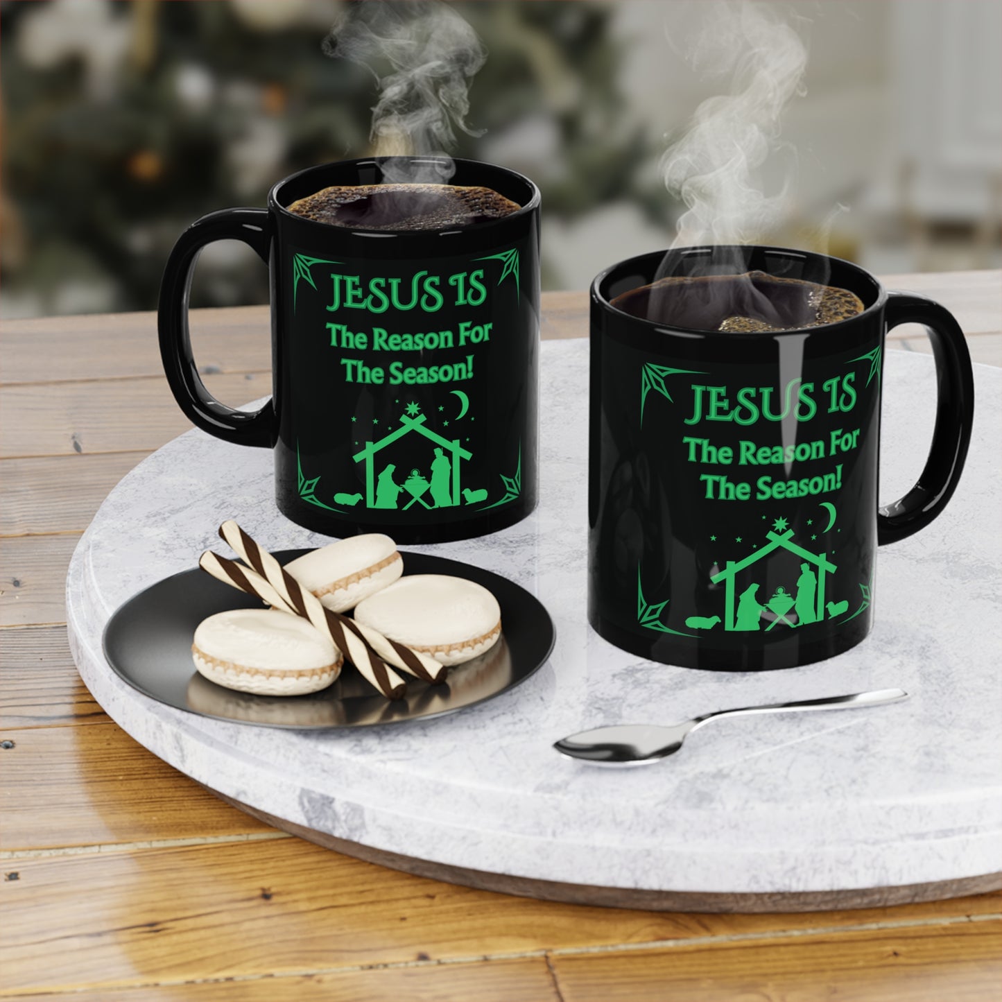 Jesus Is The Reason For The Season Black Coffee Mug — 11oz Nativity Christmas Mug