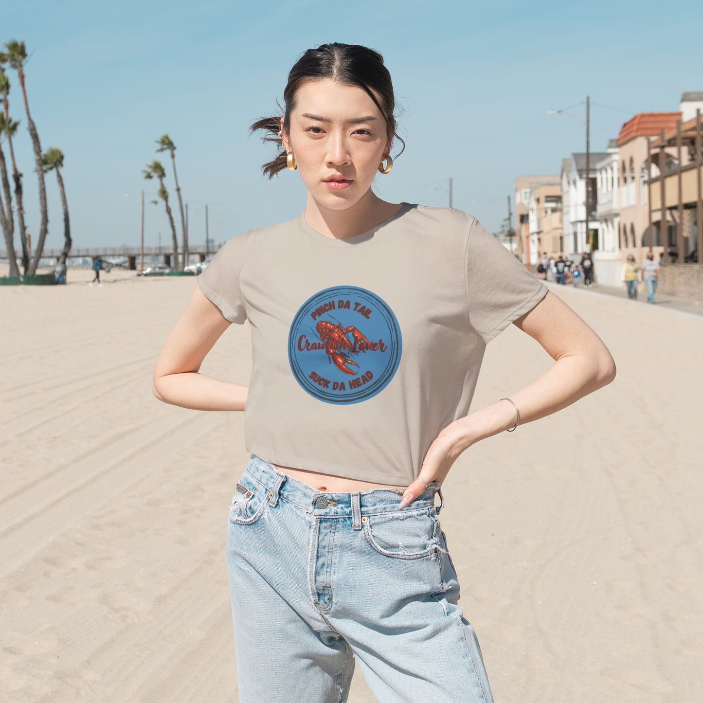 "Crawfish Lover" Womens' Flowy Cropped Tee — "Pinch Da Tail, Suck Da Head" Seafood Festival Shirt