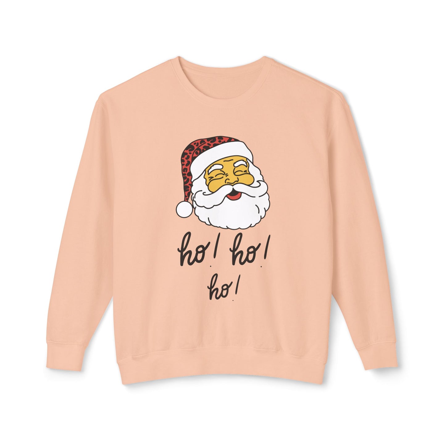 "Smiling(Tan)Santa-Ho, Ho, Ho," Unisex Lightweight Crewneck Sweatshirt, Black Text