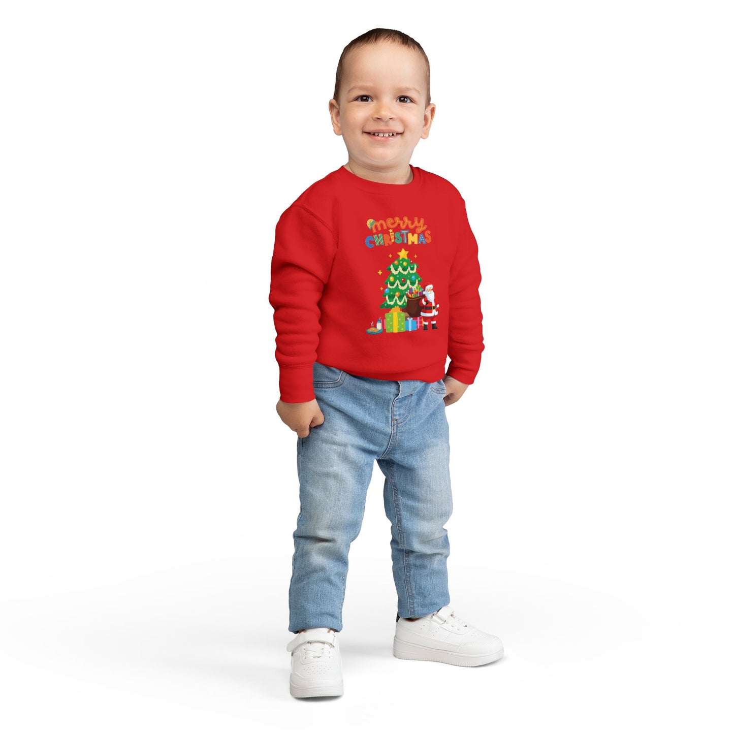 Toddler Sweatshirt — Merry Christmas Santa & Tree Personalized Kids Crewneck