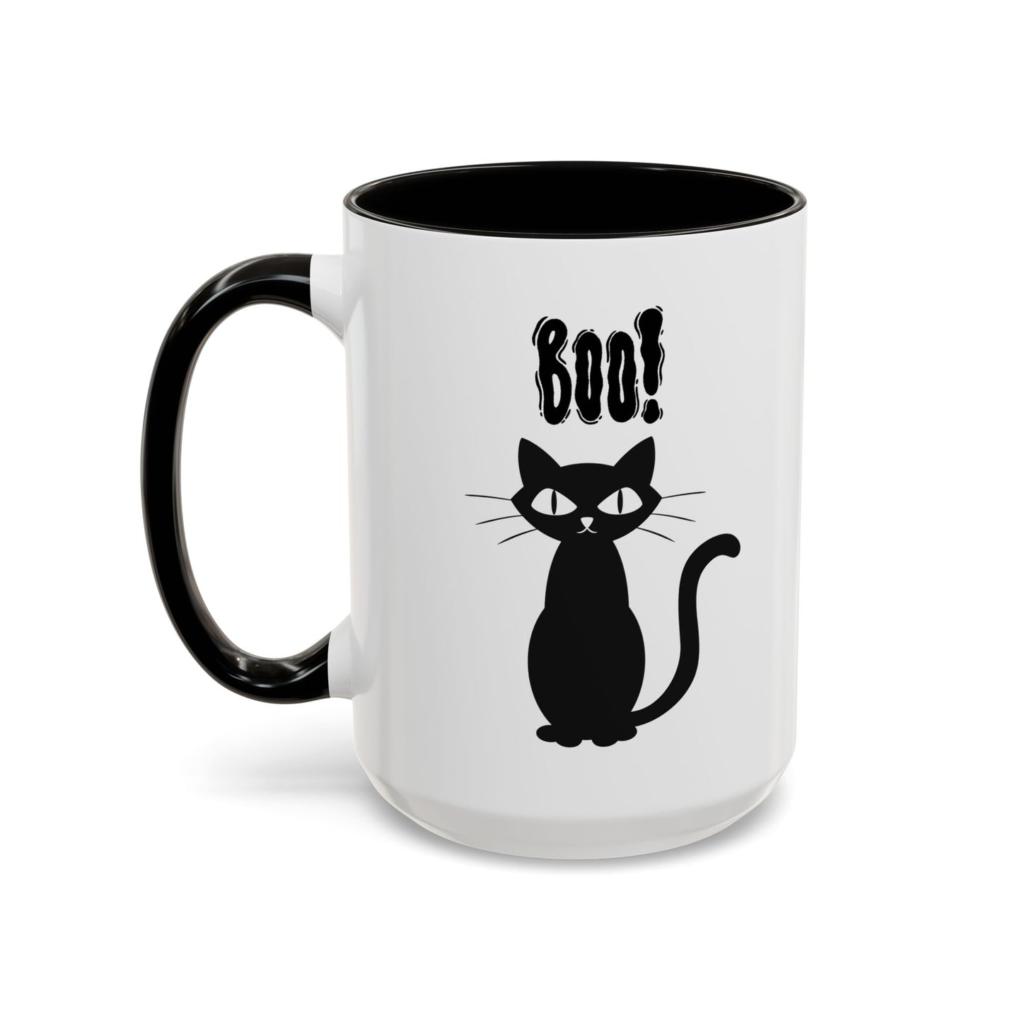 ''Boo" Black Kitty, White Ceramic Mugs With Colorful Accents (11oz and 15oz)