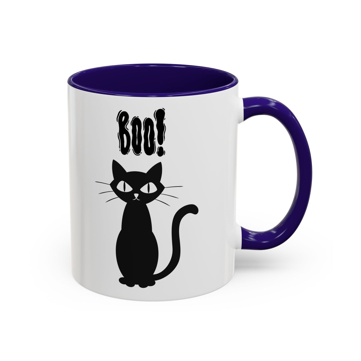 ''Boo" Black Kitty, White Ceramic Mugs With Colorful Accents (11oz and 15oz)