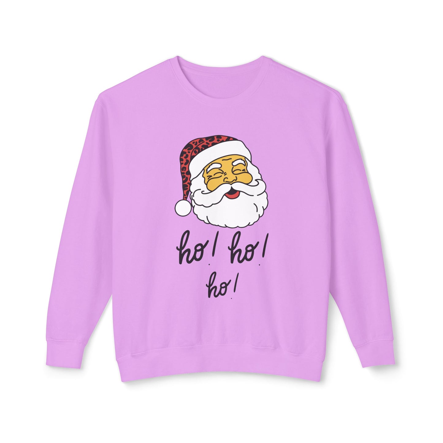 "Smiling(Tan)Santa-Ho, Ho, Ho," Unisex Lightweight Crewneck Sweatshirt, Black Text