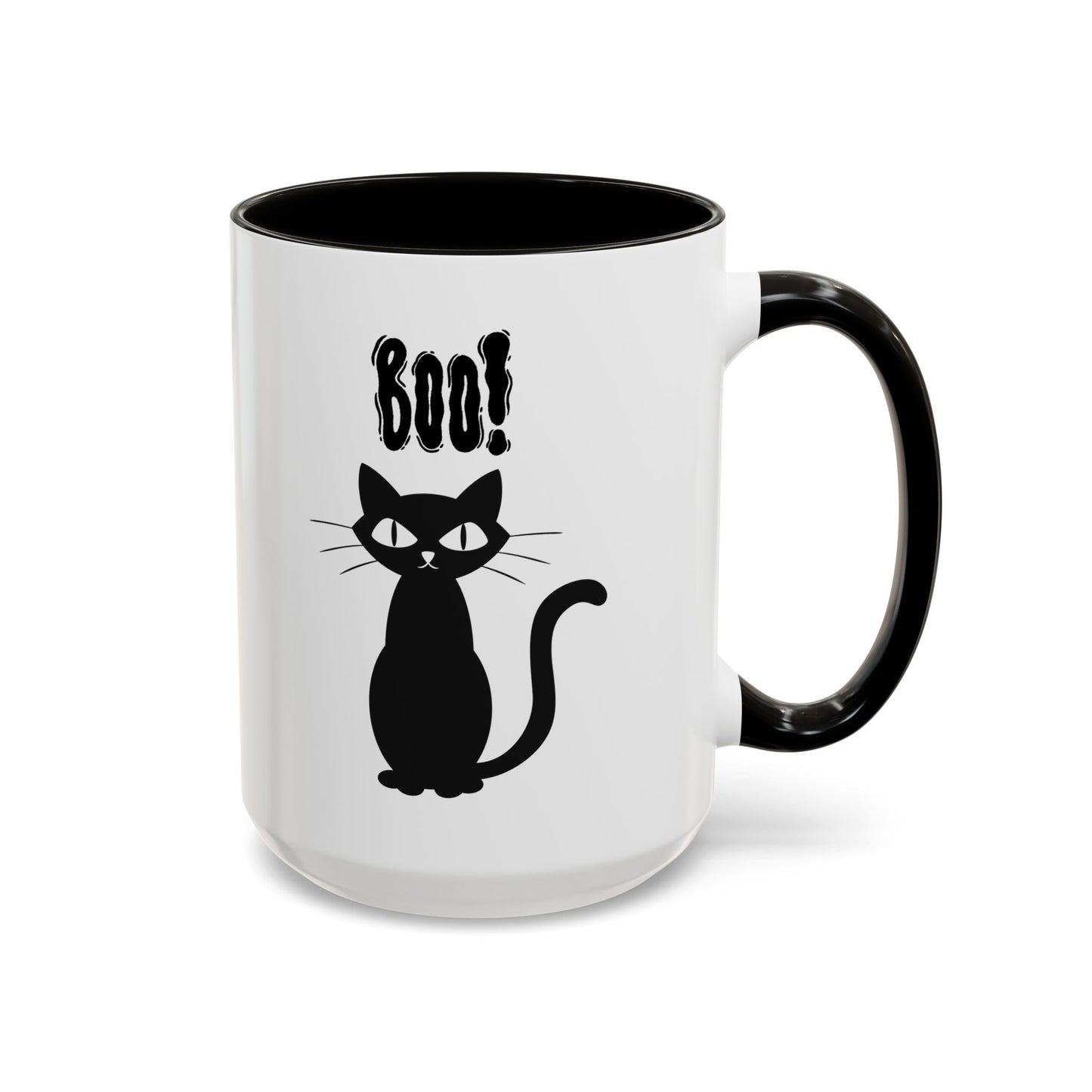 ''Boo" Black Kitty, White Ceramic Mugs With Colorful Accents (11oz and 15oz)