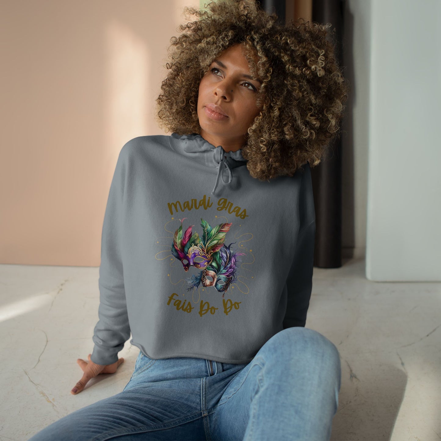 "Mardi Gras - Fais Do Do", Mask & Feathers Festival Pullover. This Trendy Cropped Hoodie Will Make You The Life Of The Party!