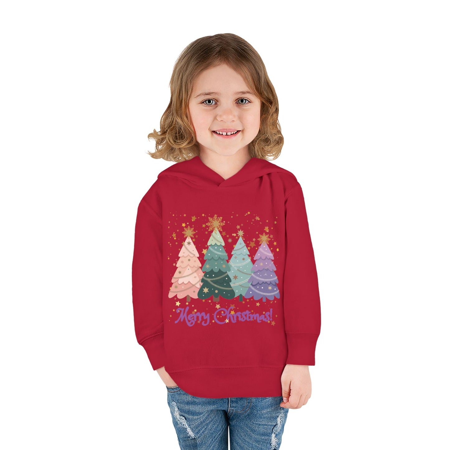 "Merry Xmas" Toddler Hoodie — Pastel Paper-Cut Christmas Trees with Gold Stars