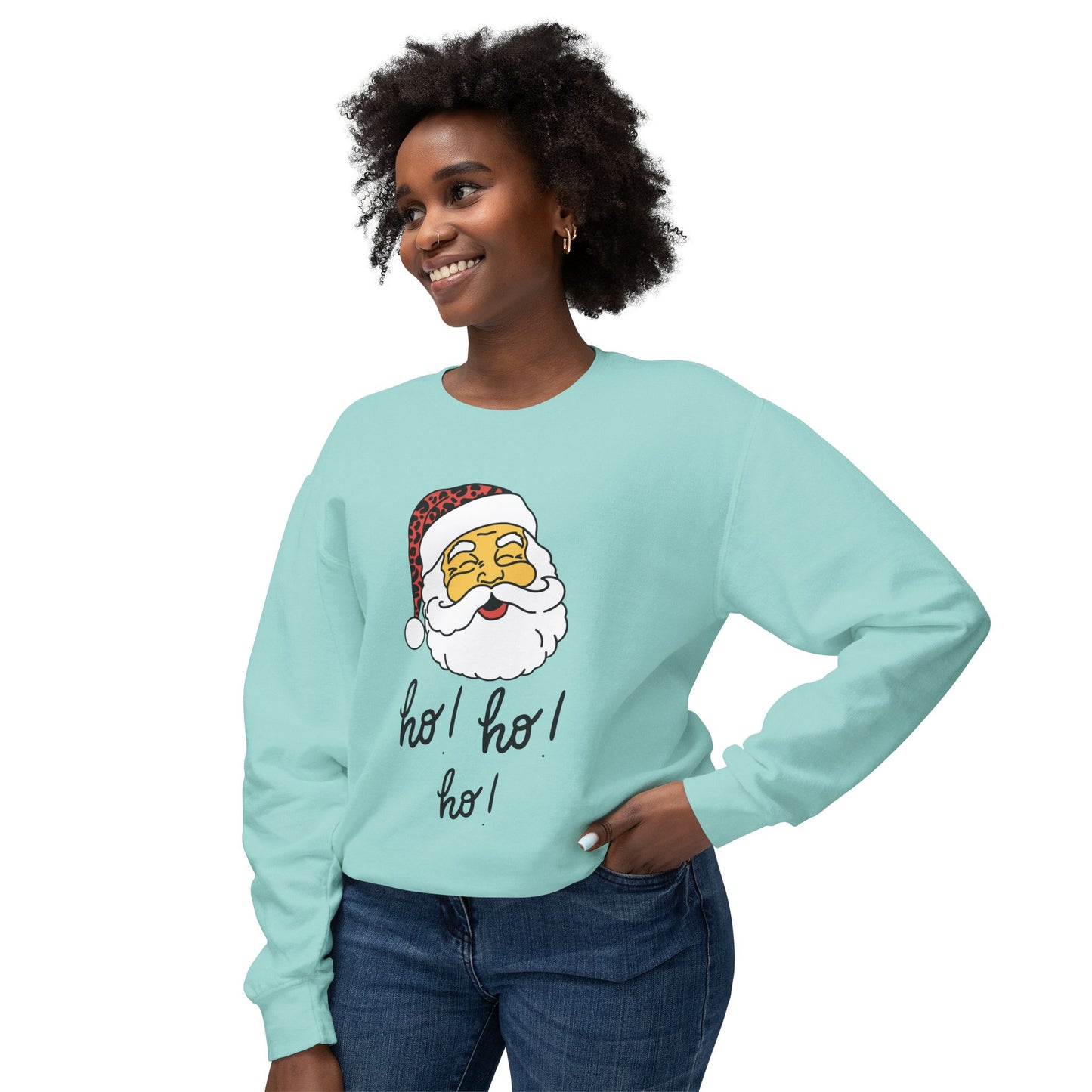"Smiling(Tan)Santa-Ho, Ho, Ho," Unisex Lightweight Crewneck Sweatshirt, Black Text