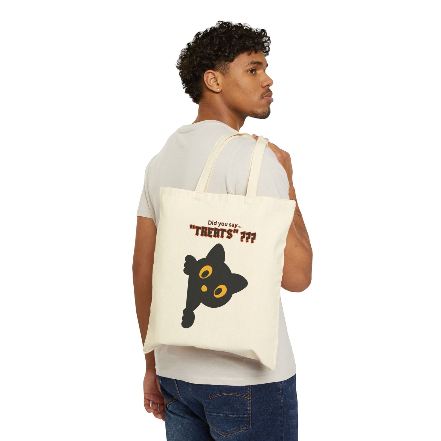 "Treats???" Playful Black Cat Tote Bag for Halloween, Trick-or-Treating, Eco-Friendly Shopping