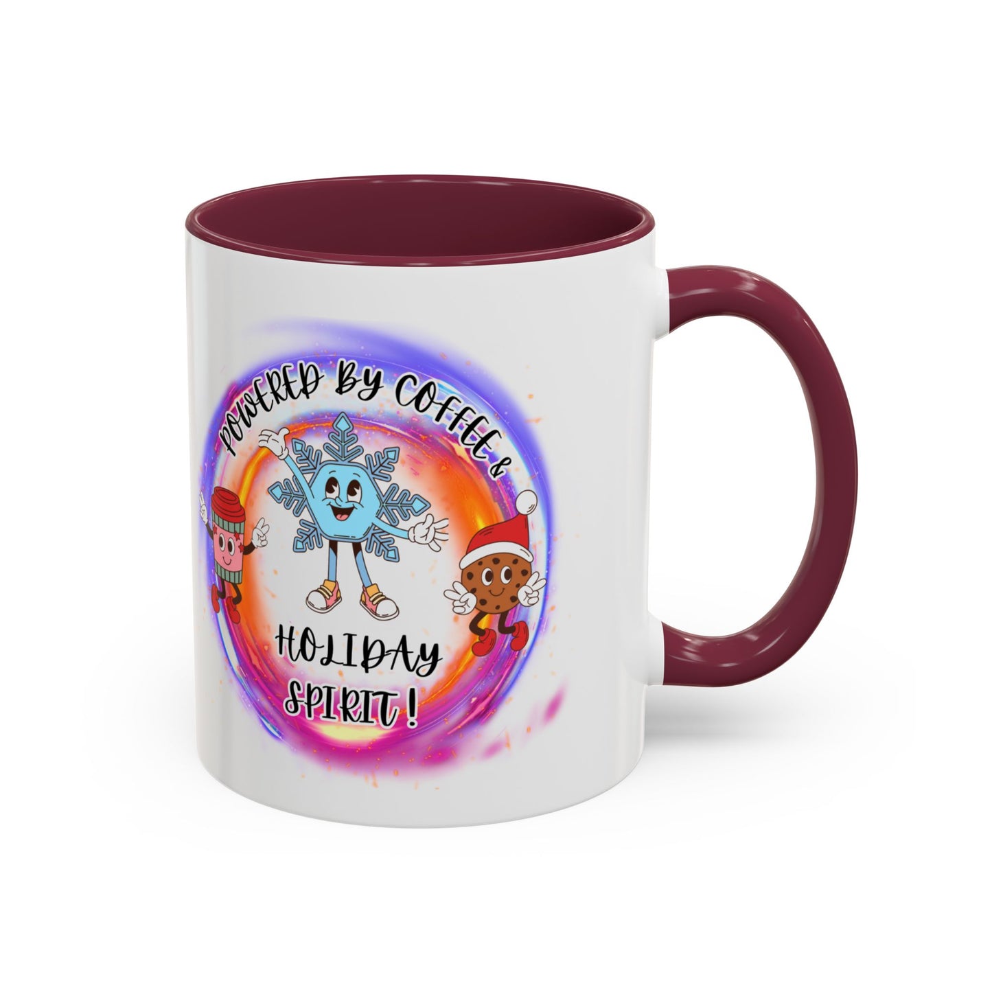"Powered By Coffee and Christmas Spirit" Two Tone Accent Mugs (11oz, 15oz)