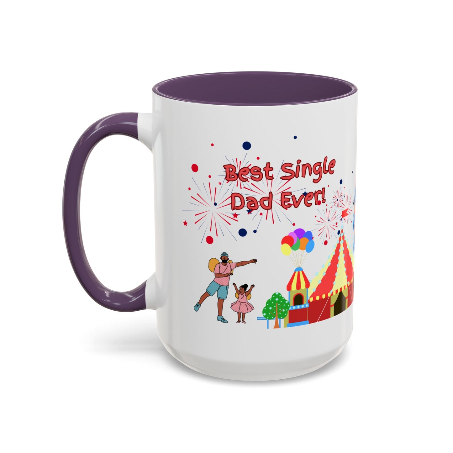 "Best Single Dad Ever" White Ceramic Coffee Mug With Colorful Accents in 11oz and 15oz sizes. — Amusement Park Family Design in 11oz and 15oz sizes
