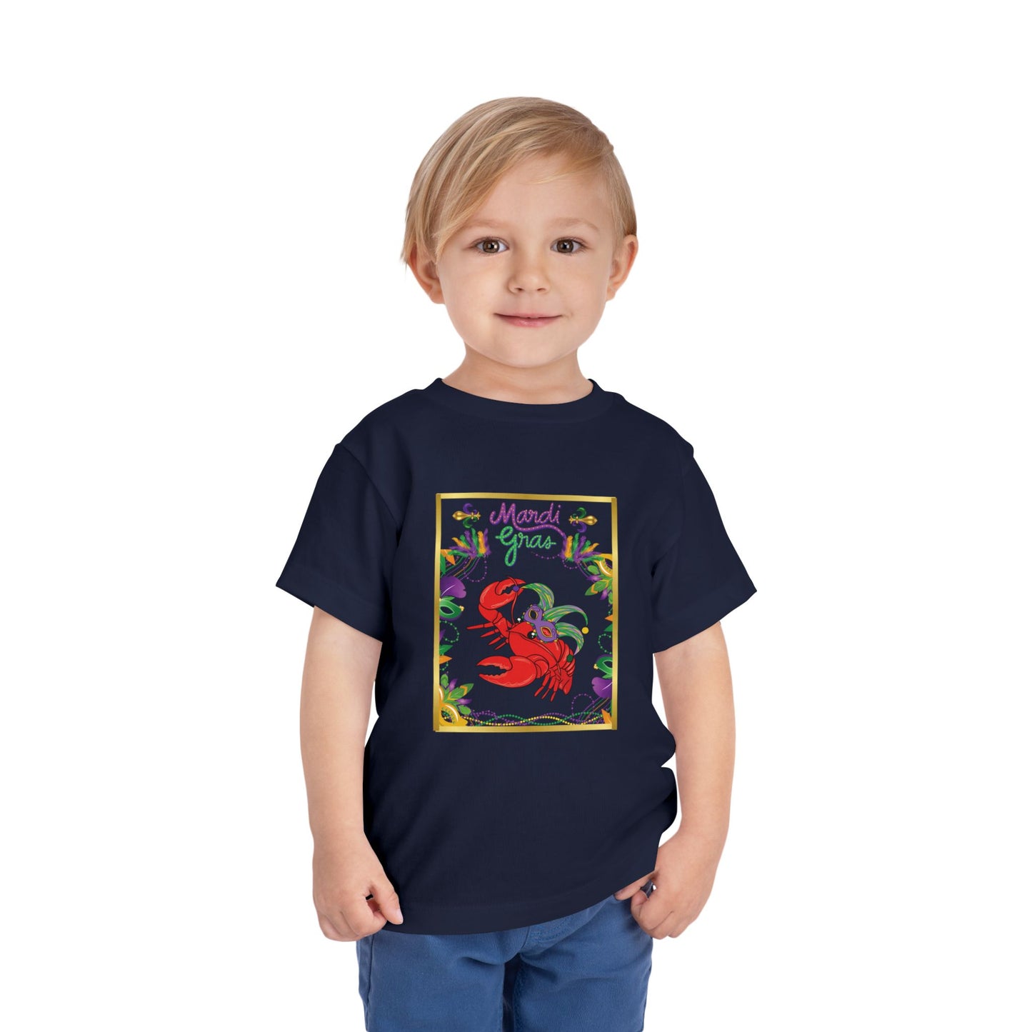 "Mardi Gras Crawfish" Toddler Short Sleeve Tee — Festive Masked Bright Red Crawfish Ready for Carnival!