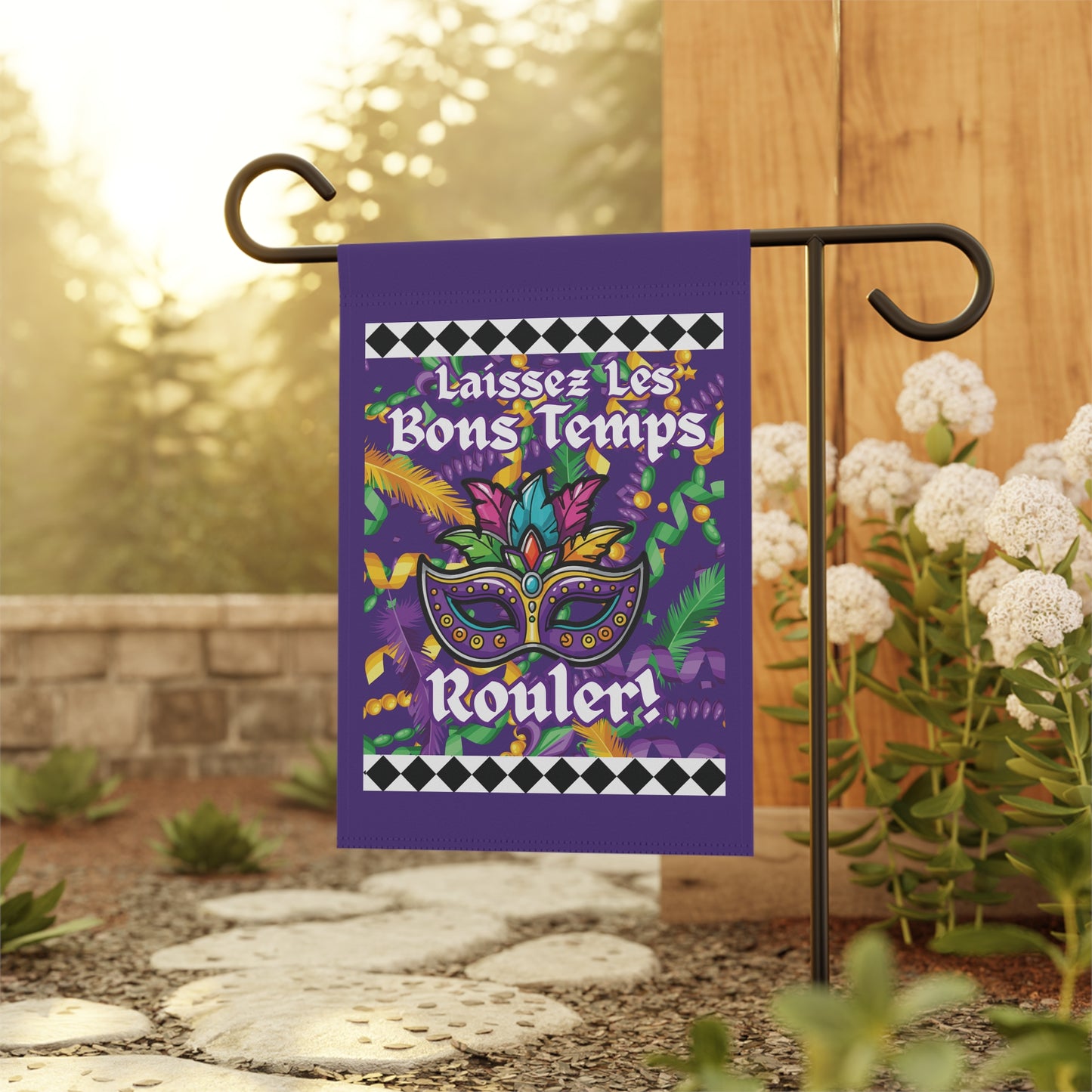 Mardi Gras Garden Banner and House Flag — "Laissez Les Bons Temps Rouler" Decorative Yard Flag-Purple