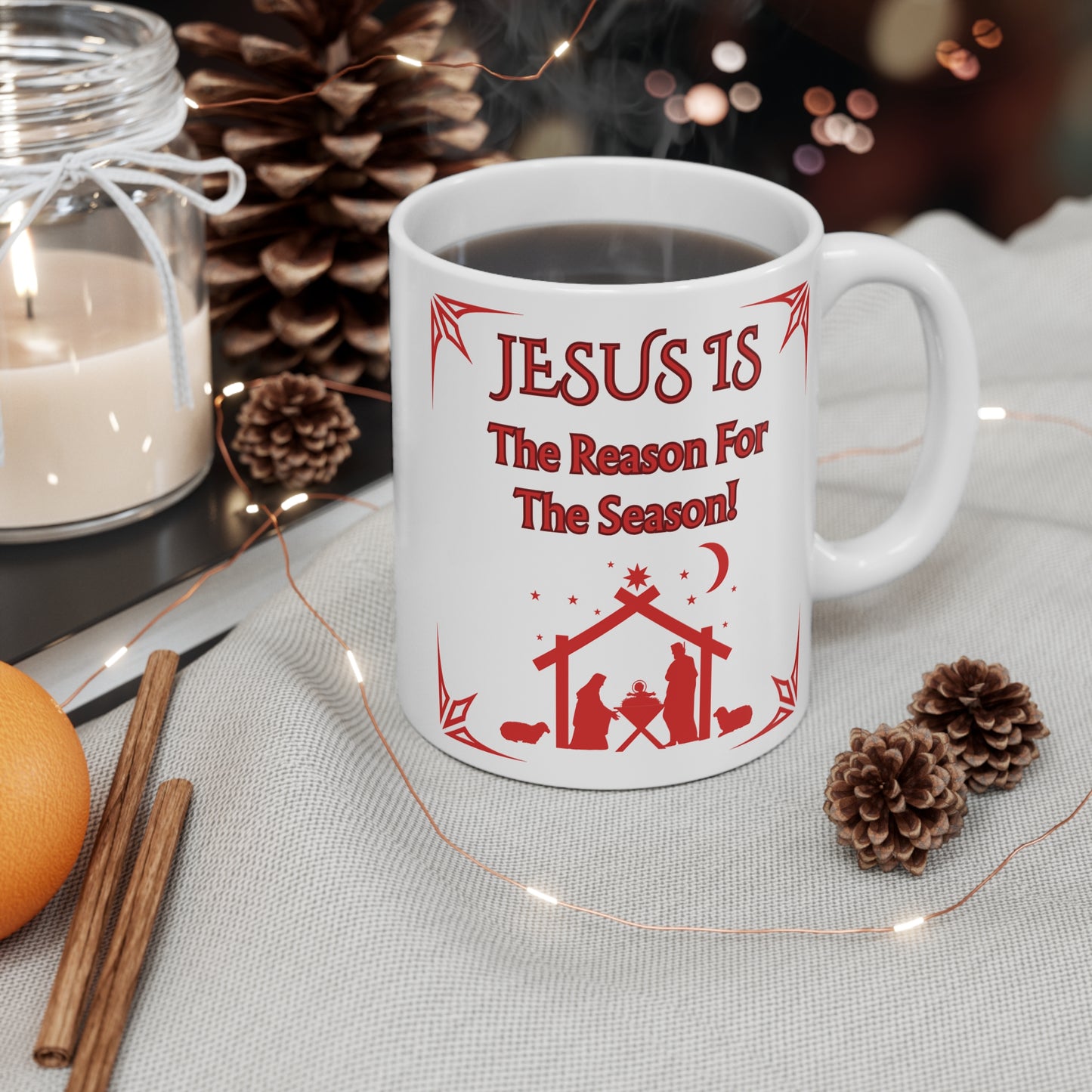 "Jesus Is the Reason for the Season!" White Ceramic 11oz Mug with Red Design— This Nativity Scene Mug Is A Perfect Gift For The Holiday Season!