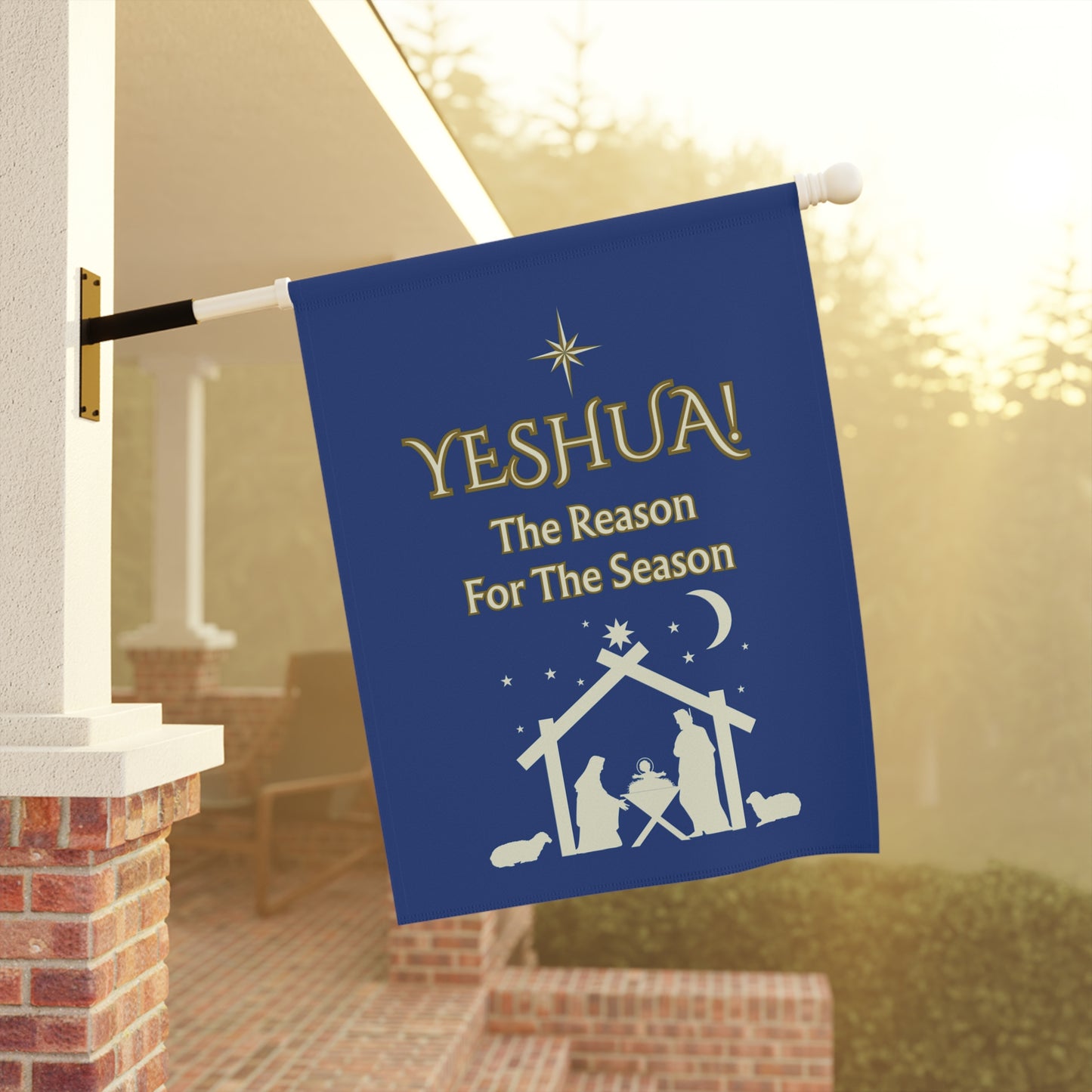 "Yeshua! The Reason For The Season" Nativity House Banner In Navy Blue– Heartfelt Outdoor Christmas Decor For The Home.
