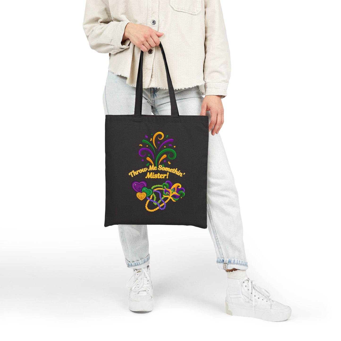 "Throw Me Somethin' Mister" Cotton Canvas Mardi Gras Tote Bag in Black. A Festive Tote Festive For The Carnival Goodies!