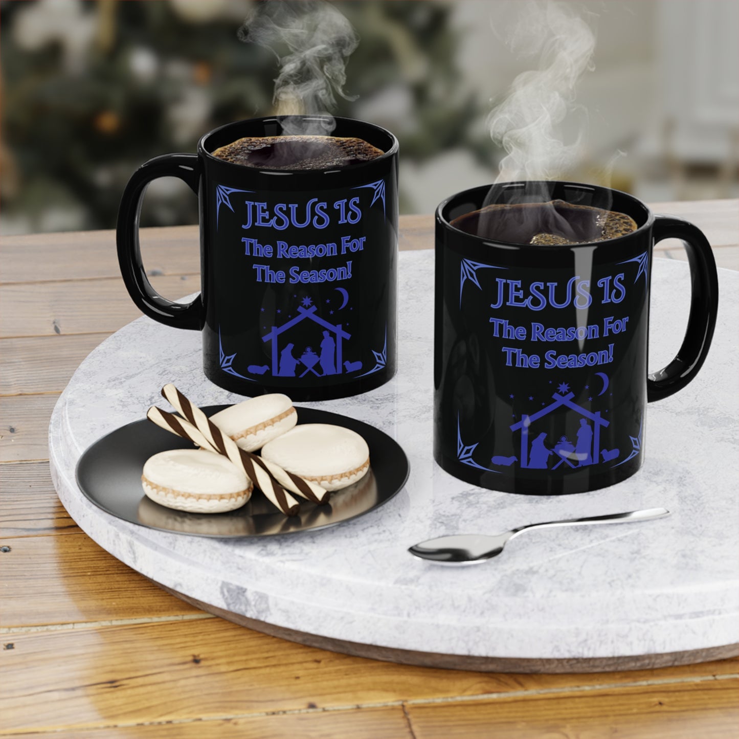"Jesus Is the Reason For The Season!" Black Glossy Ceramic 11oz Coffee Mug — Blue Design, Nativity Christmas Mug