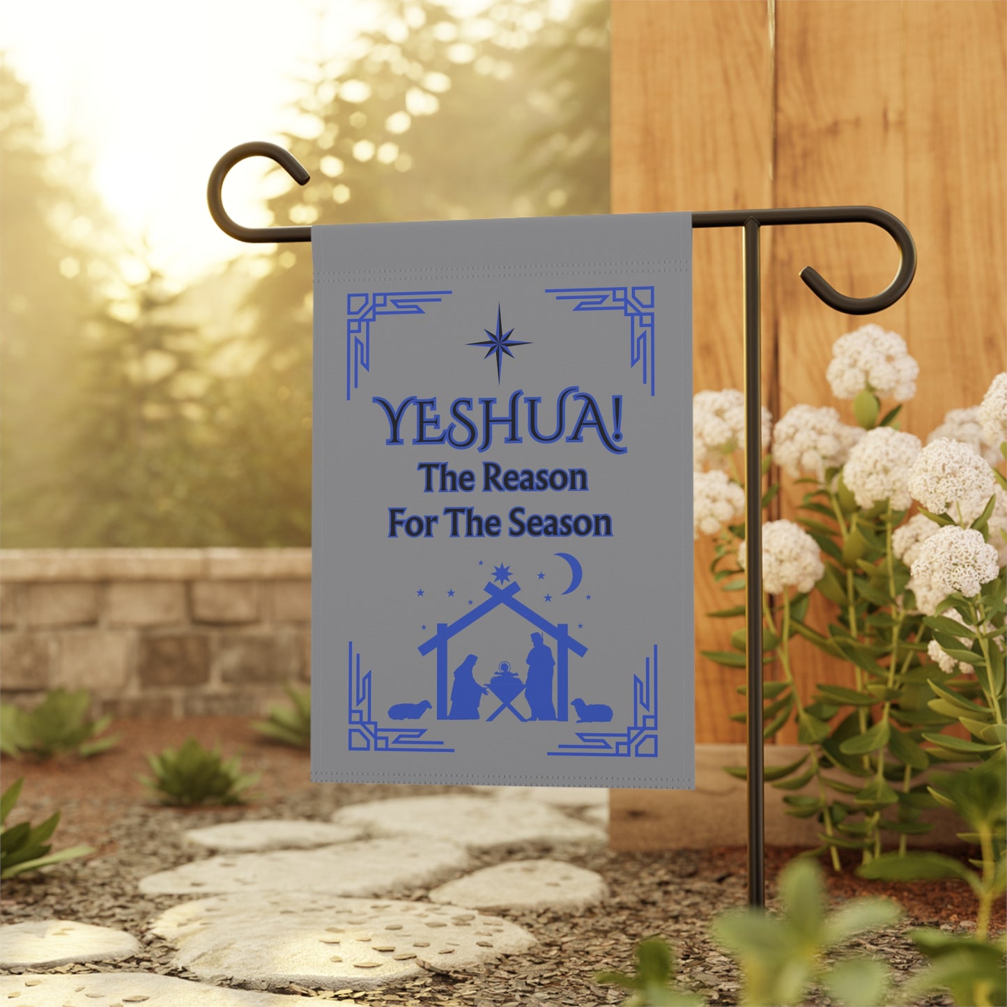"Yeshua! The Reason For The Season", Gray Nativity Garden Flag, 12in x 18in