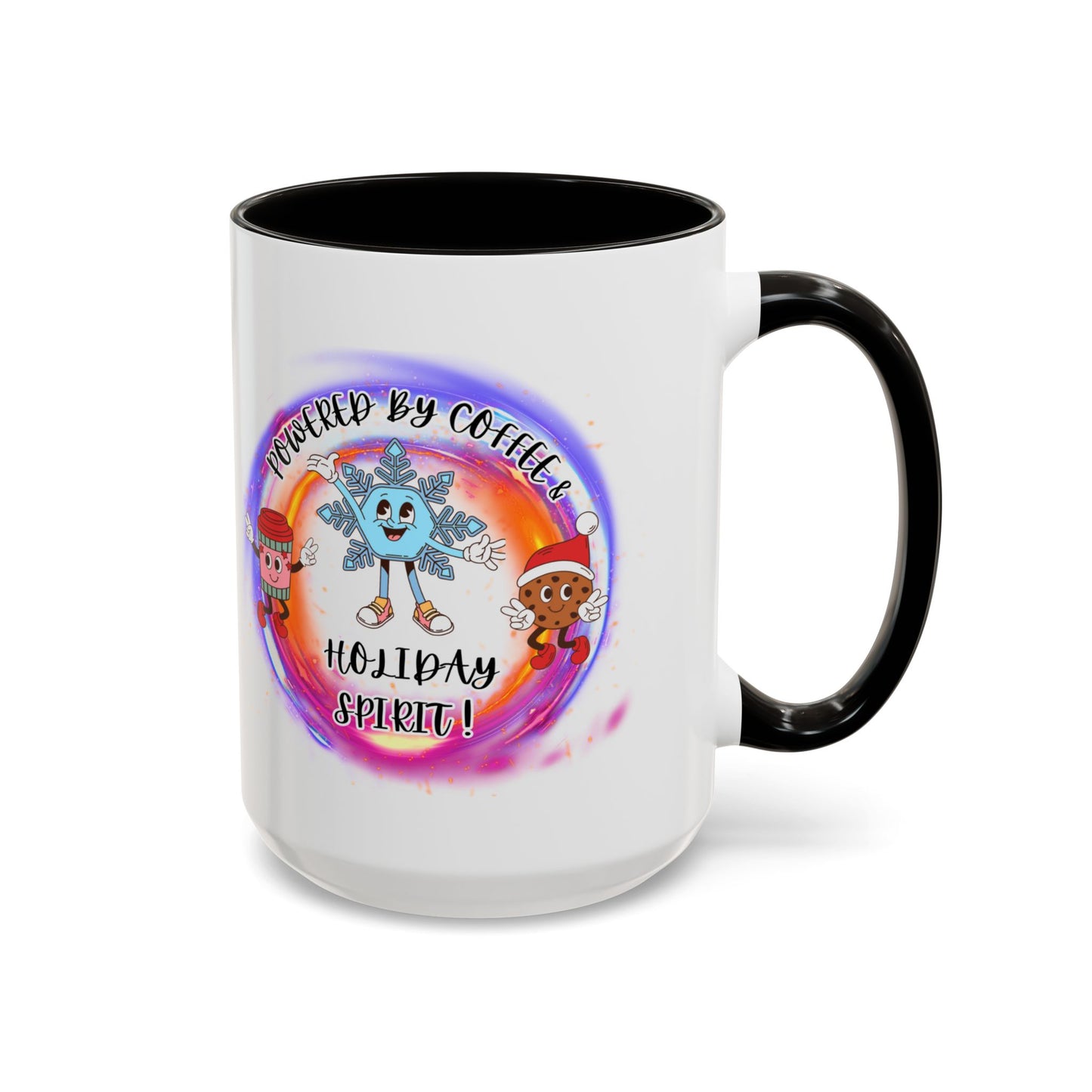 "Powered By Coffee and Christmas Spirit" Two Tone Accent Mugs (11oz, 15oz)