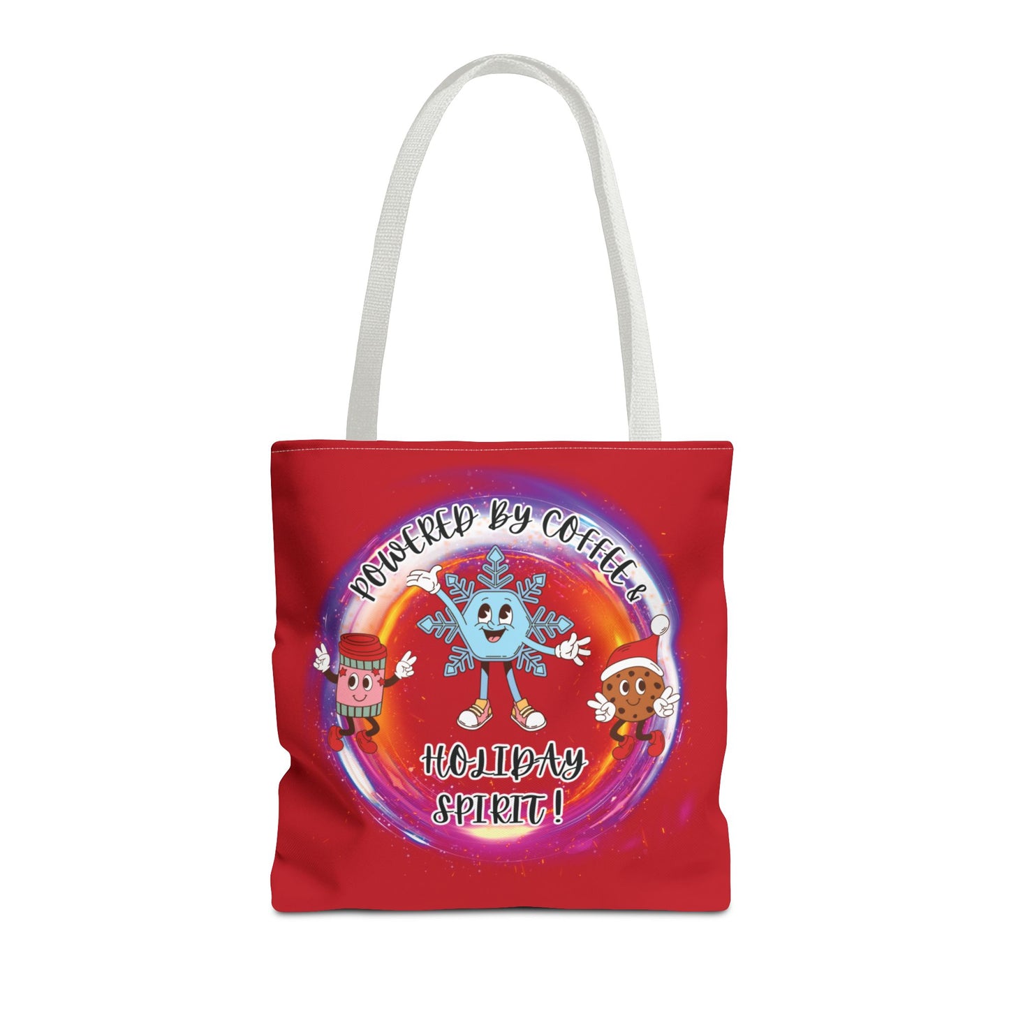 "Powered By Coffee And Holiday Spirit " Red Tote Bag with Colored Straps