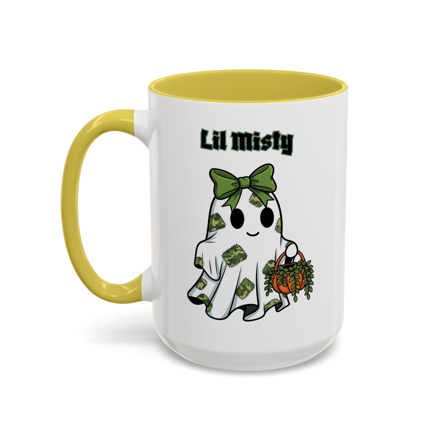 "Lil Misty Ghost" White Ceramic Mug (11oz and 15oz) With Colorful Accents. A Cute Halloween Mug for All Ages!
