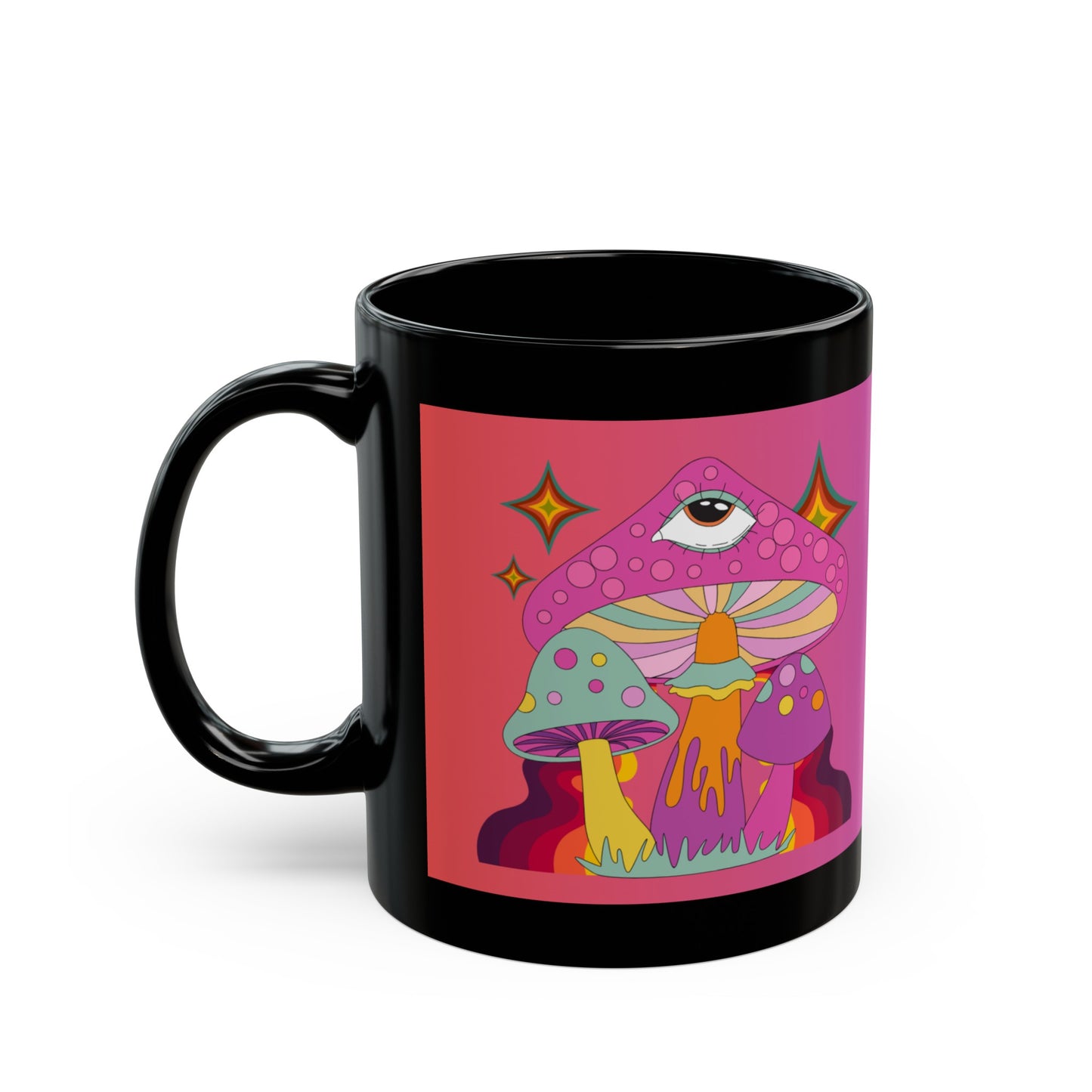 "Groovy Mushrooms with Ombre Background" Black Mug (11 oz, 15 oz)