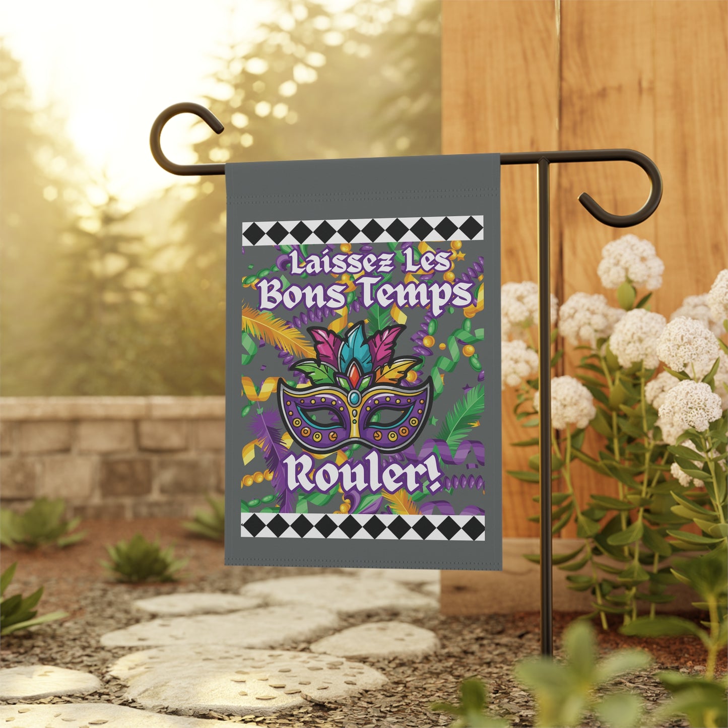 Mardi Gras Garden Flag – "Laissez Les Bons Temps Rouler" Decorative House Banner -Gray