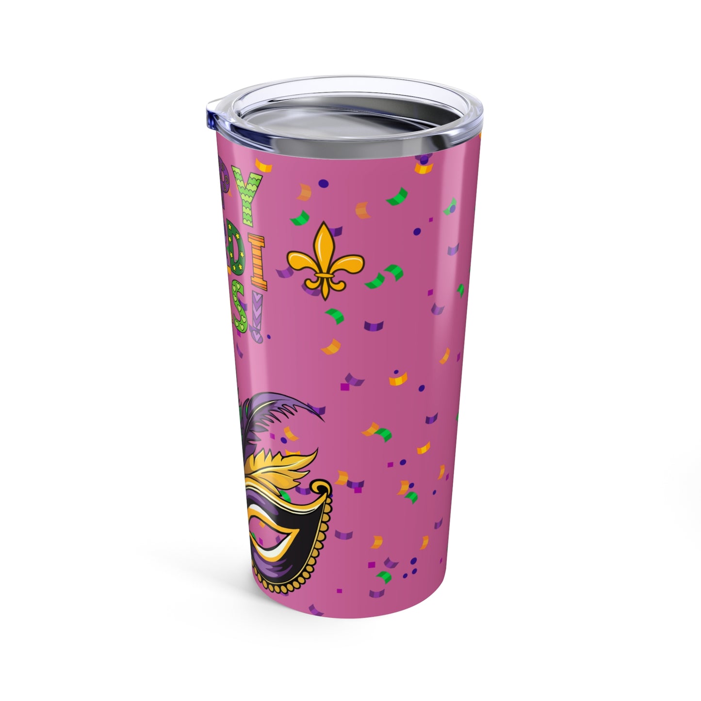 Happy Mardi Gras 20oz Tumbler – Purple Mask & Confetti Travel Cup-Pink