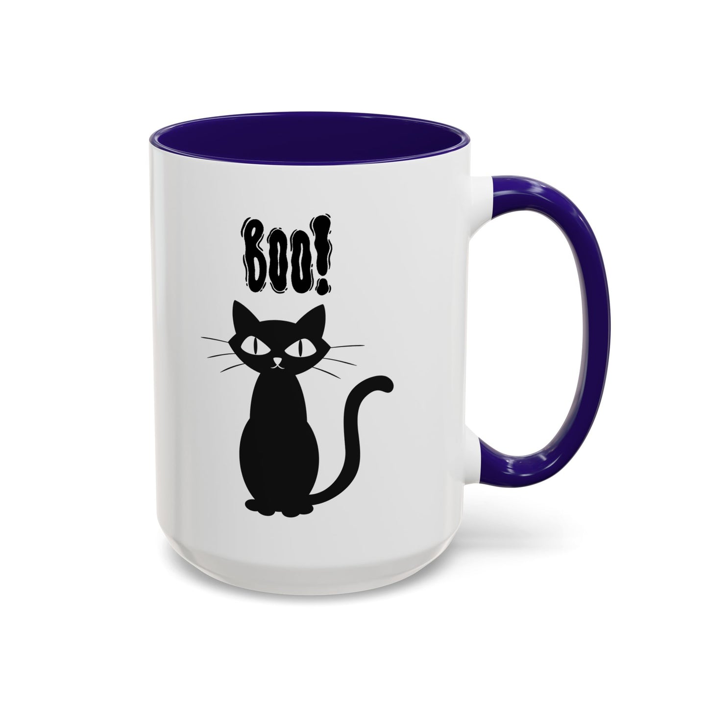 ''Boo" Black Kitty, White Ceramic Mugs With Colorful Accents (11oz and 15oz)