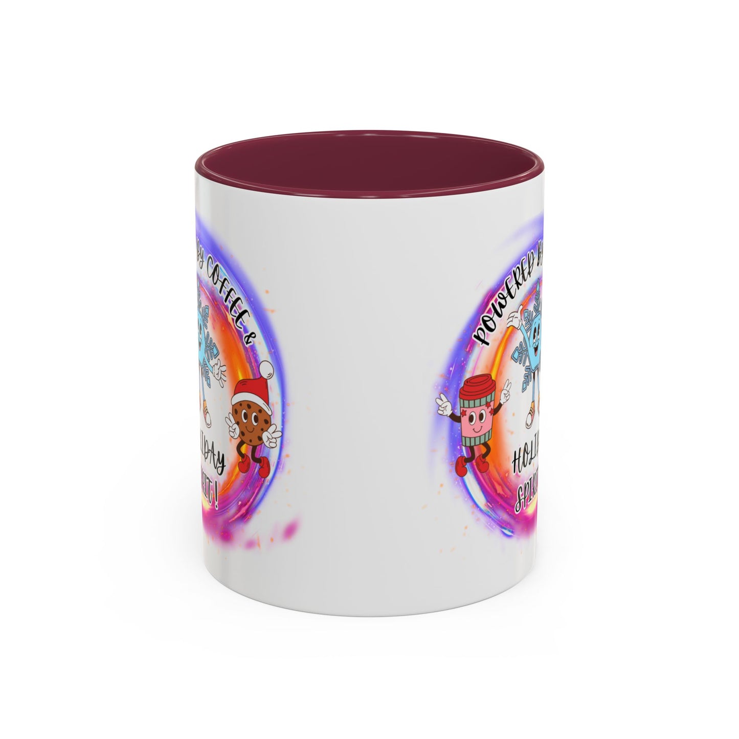 "Powered By Coffee and Christmas Spirit" Two Tone Accent Mugs (11oz, 15oz)