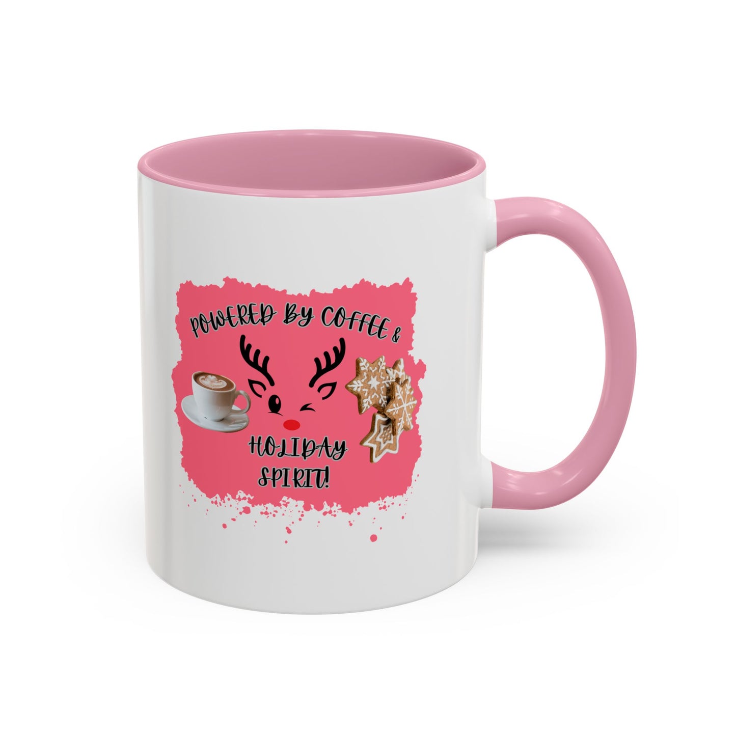 "Powered By Coffee & Holiday Spirit!", White Ceramic 11 oz Mugs With Colorful Accents