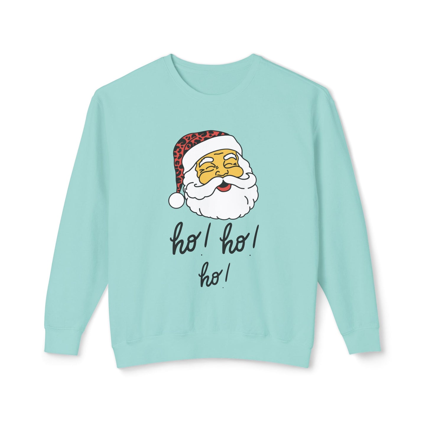 "Smiling(Tan)Santa-Ho, Ho, Ho," Unisex Lightweight Crewneck Sweatshirt, Black Text
