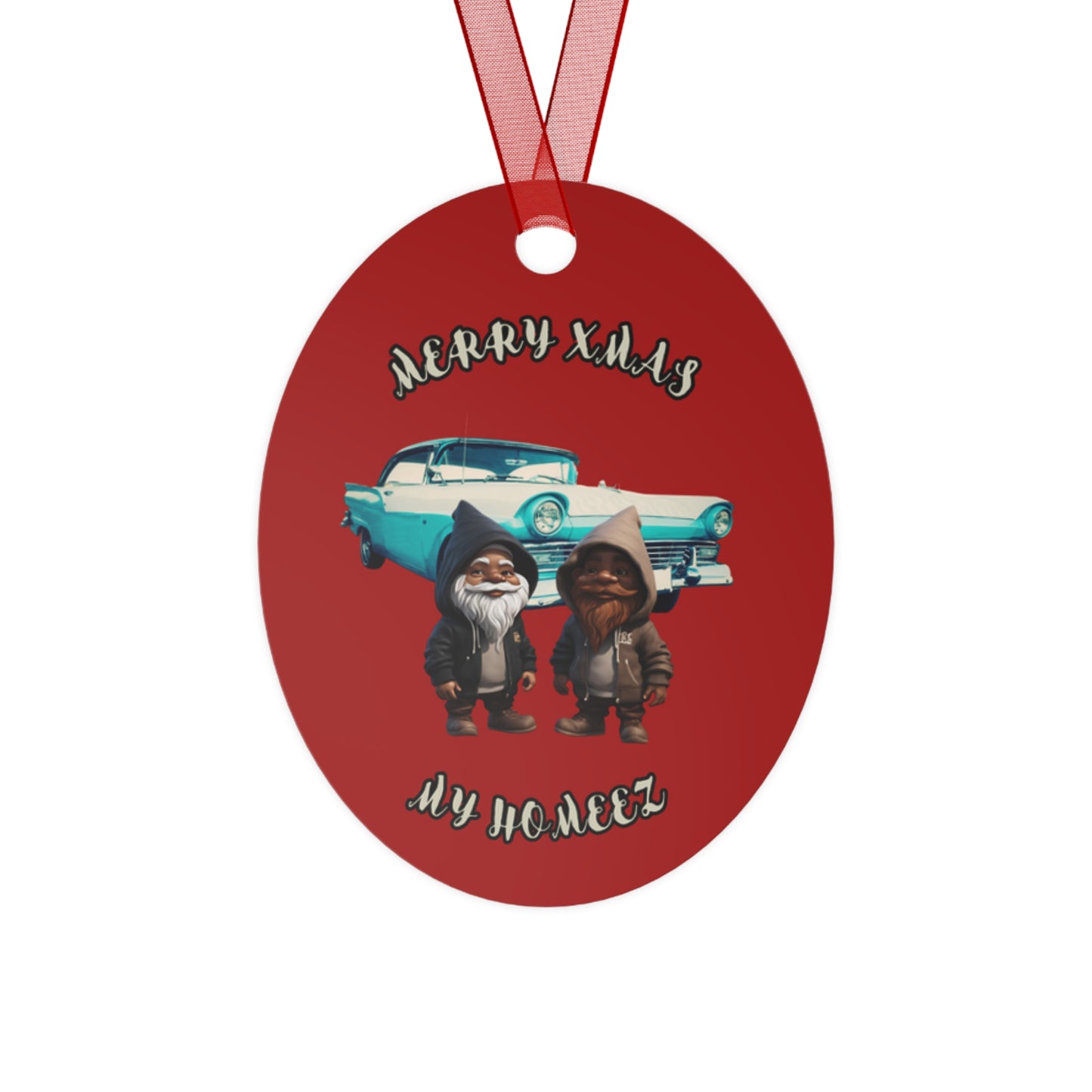 "Merry Xmas My Homeez/Feliz Navidad Mis Homeez", Red Oval Metal Ornament