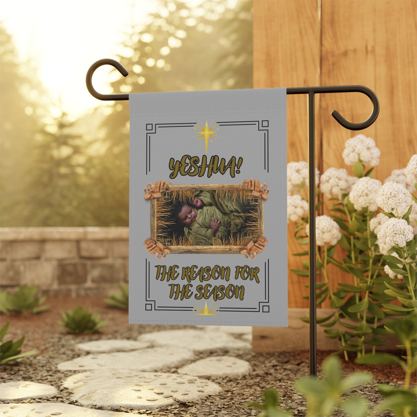 Yeshua! The Reason For The Season" Nativity Garden Flag – Nativity Themed Baby In A Wooden Manger in Gray