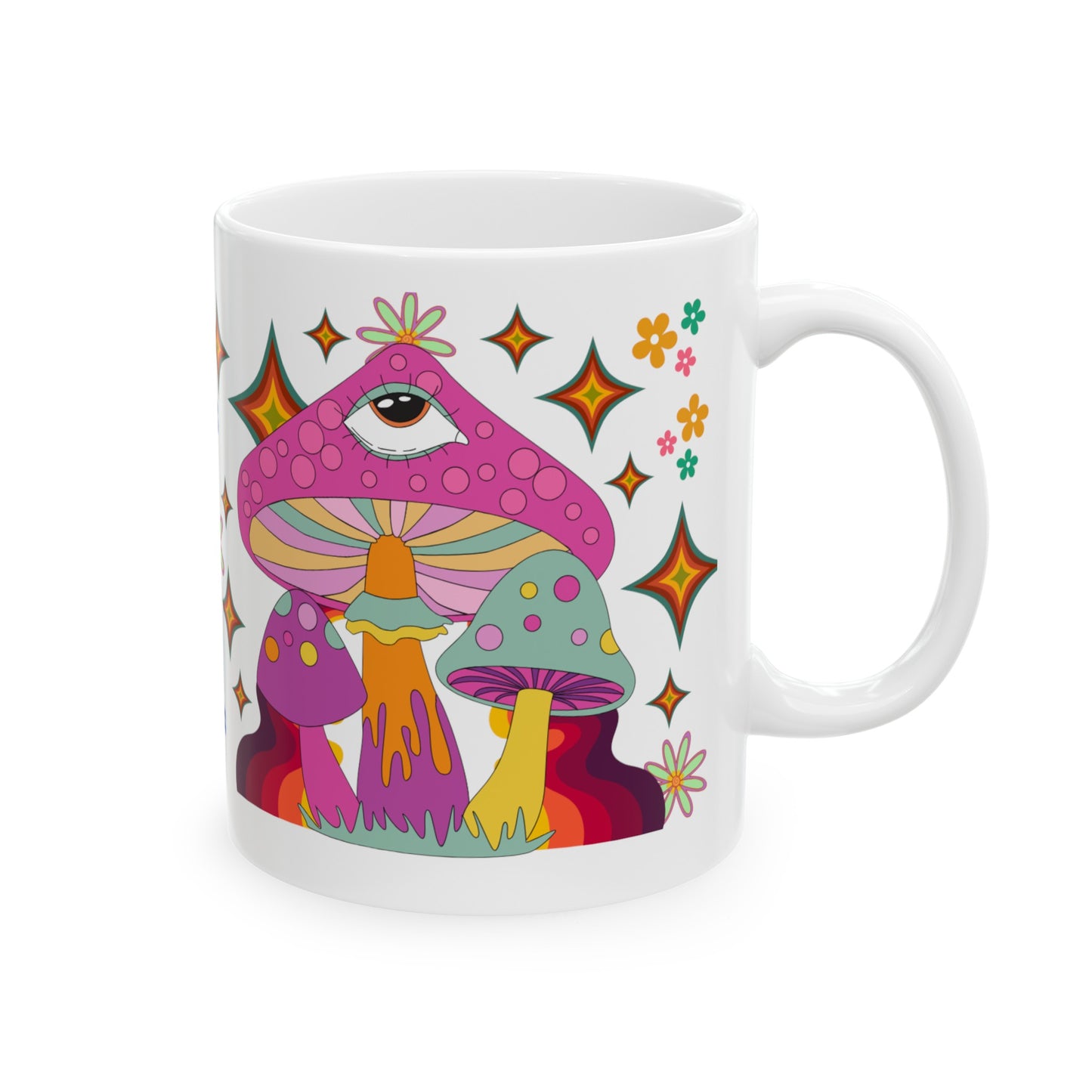 "Extra Groovy Mushrooms" White Ceramic Mug, 11oz
