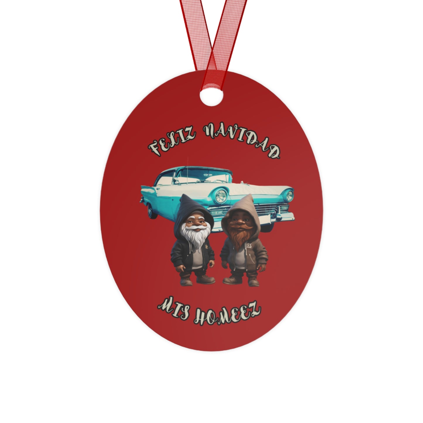 "Merry Xmas My Homeez/Feliz Navidad Mis Homeez", Red Oval Metal Ornament