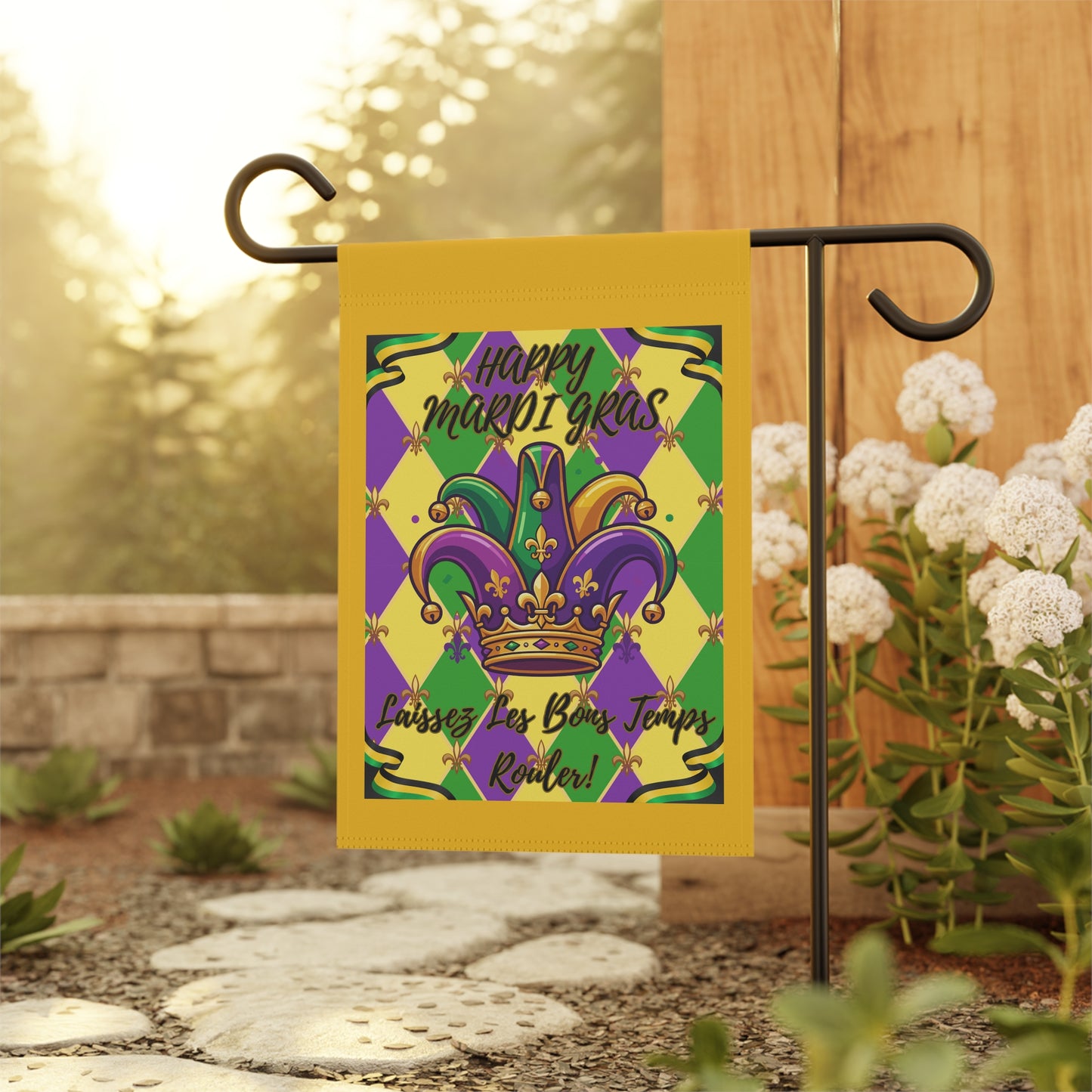 Happy Mardi Gras Jester Crown-Laissez Les Bons Temps Rouler" Garden Flag — "Happy Mardi Gras" House Banner-Yellow
