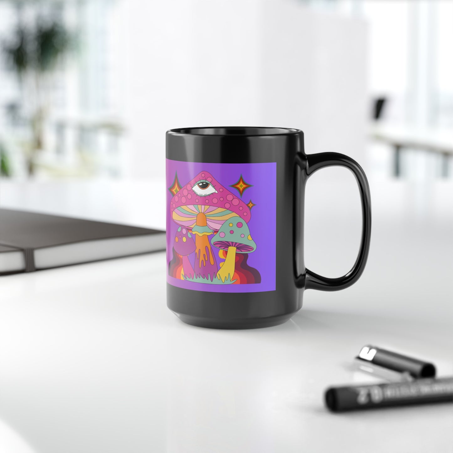"Groovy Mushrooms with Ombre Background" Black Mug (11 oz, 15 oz)