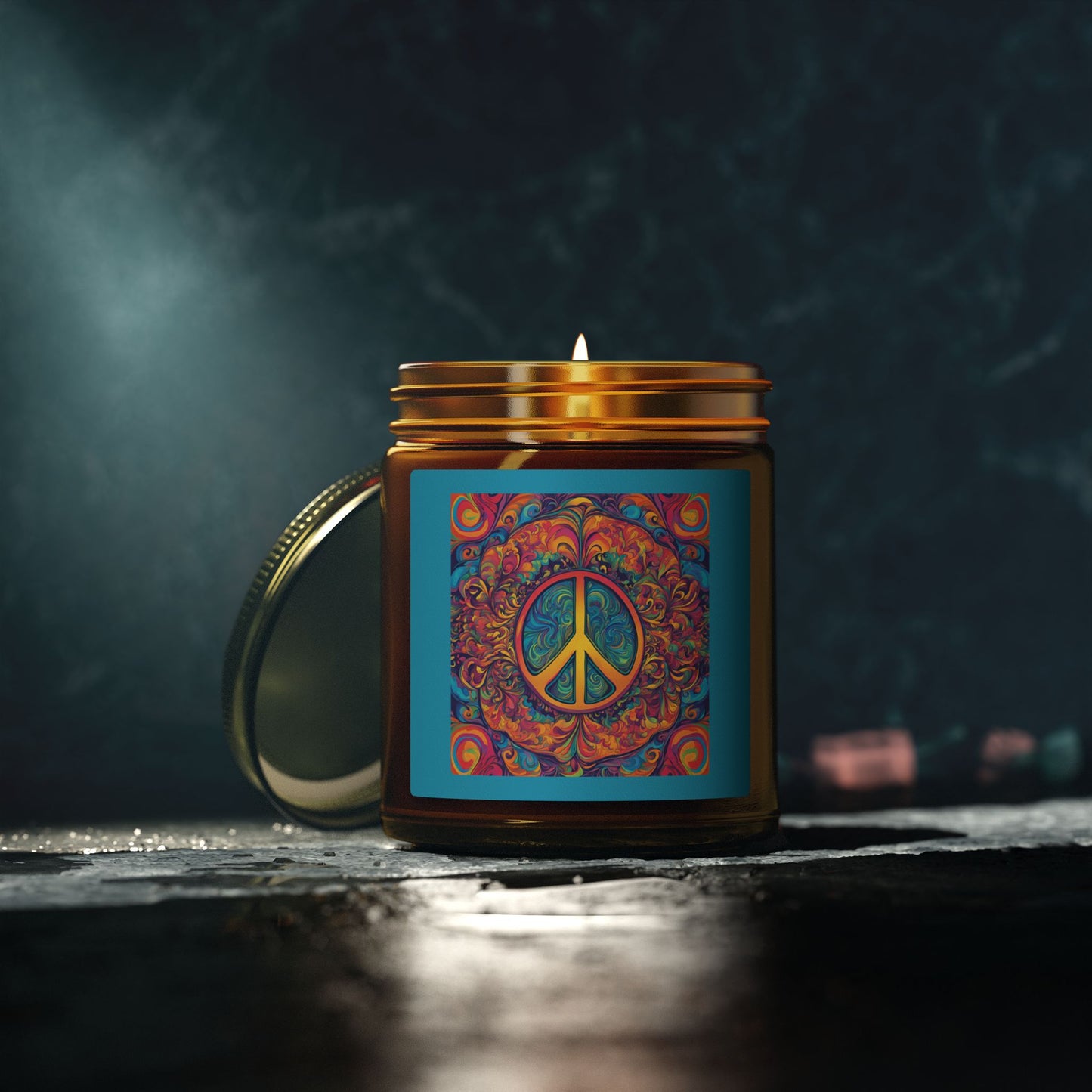 "Psychedelic Peace Sign" Amber Glass Scented Candle with Coconut Apricot Wax (4oz & 9oz) —A Groovy Scented Candle Label, 4 Warm Scents
