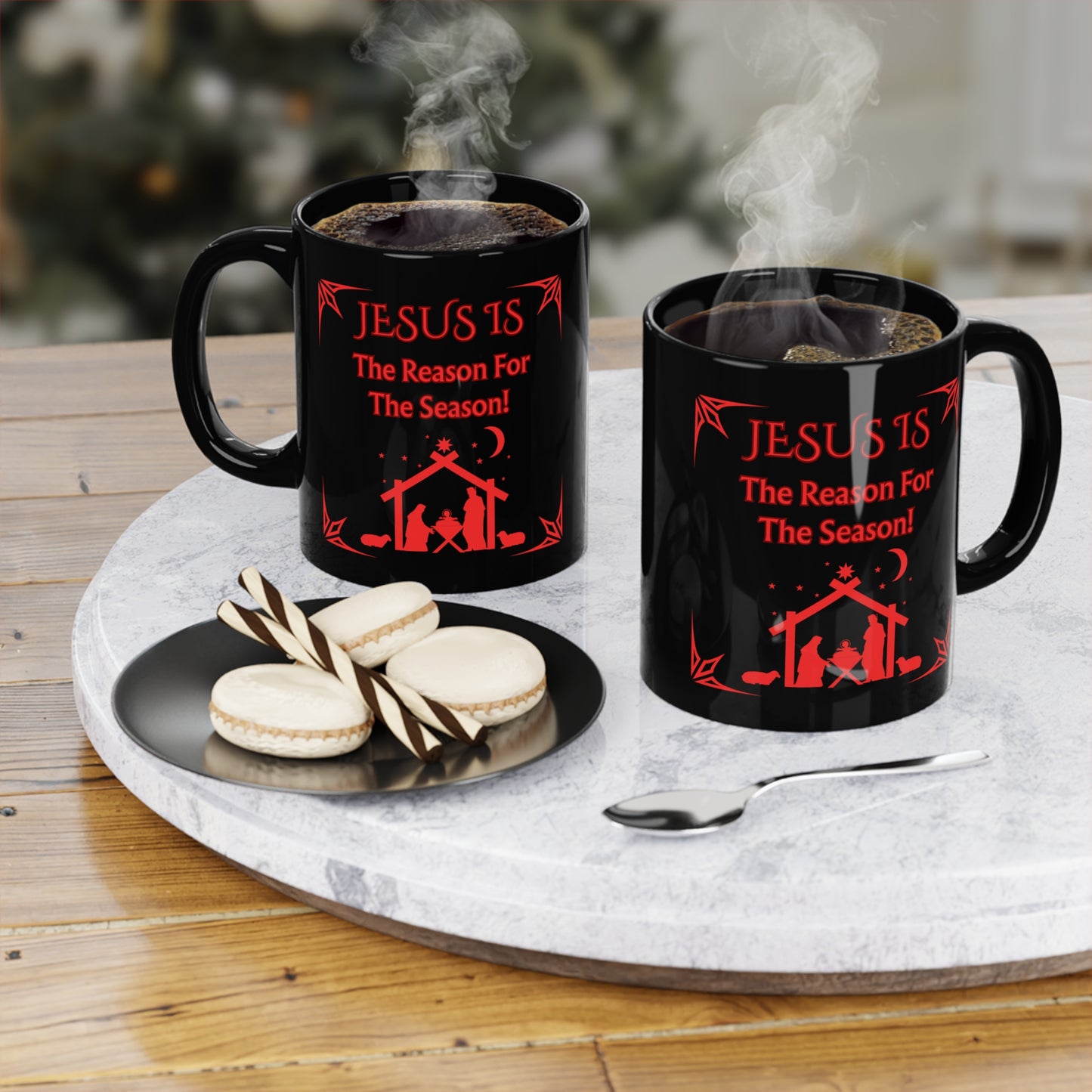"Jesus Is The Reason For The Season!" 11oz Black Ceramic Coffee Mug — Red Design