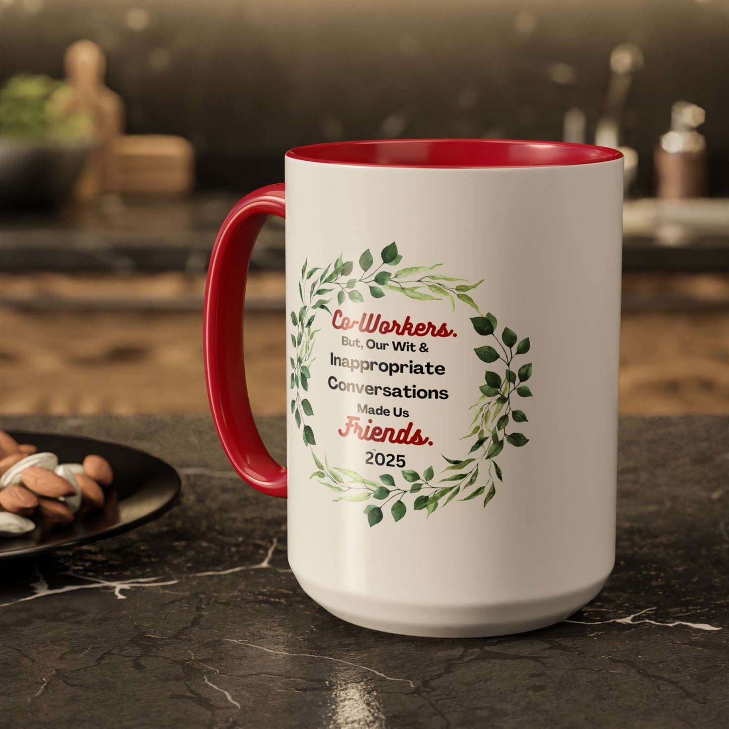 "Coworkers And Friends 2025", White Ceramic Mug with Colorful Accents, A Great Office Gift To Commemorate 2025
