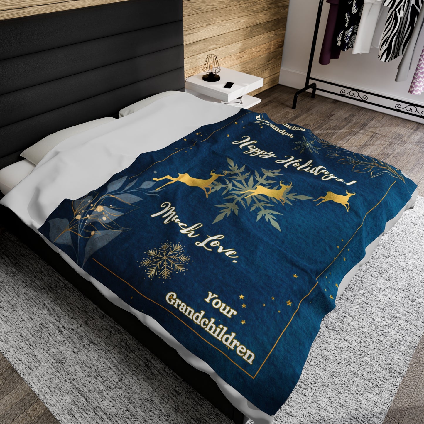 "Dear Grandma and Grandpa, Happy Holidays! Navy Blue,Velveteen 60 in x 80 in Plush Blanket