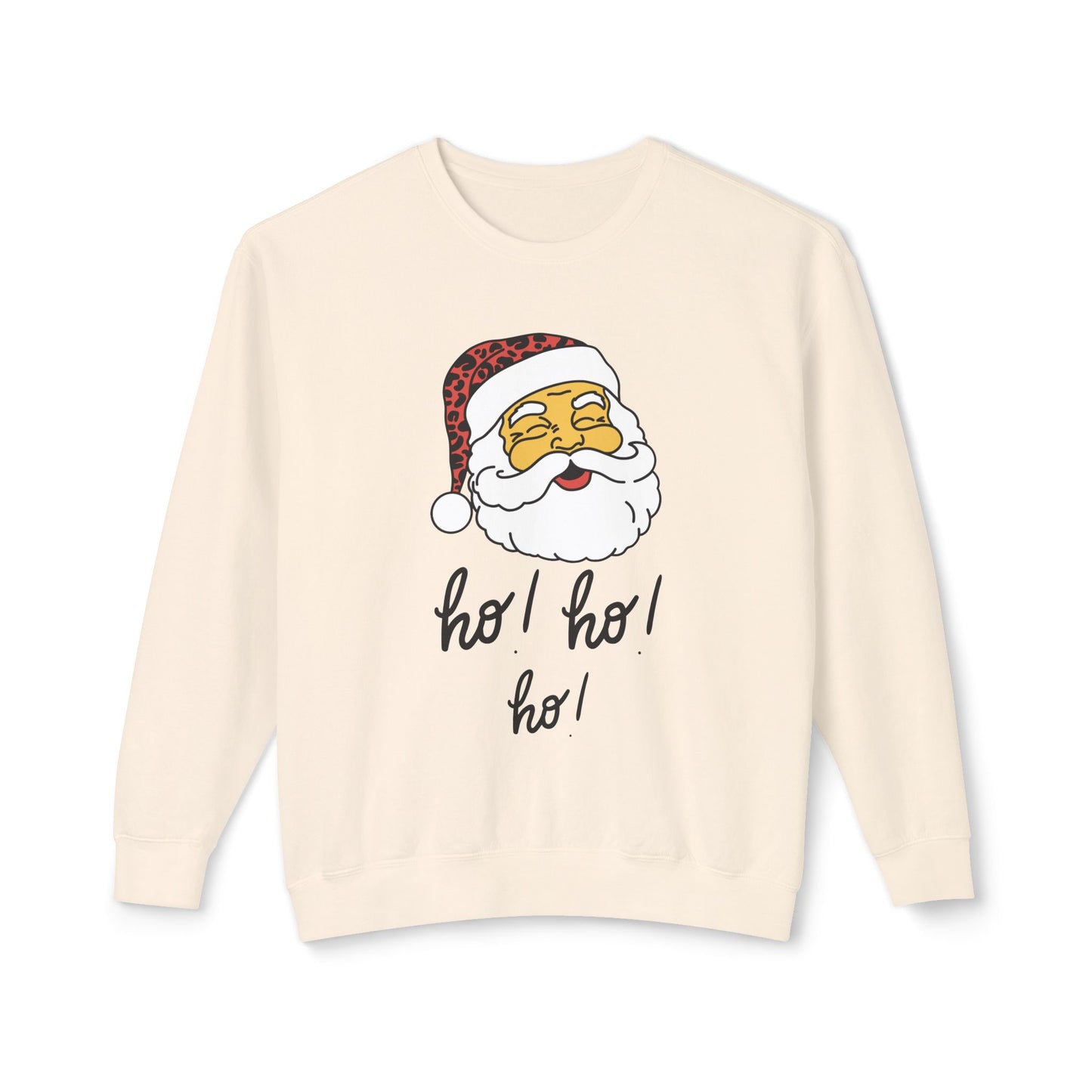 "Smiling(Tan)Santa-Ho, Ho, Ho," Unisex Lightweight Crewneck Sweatshirt, Black Text