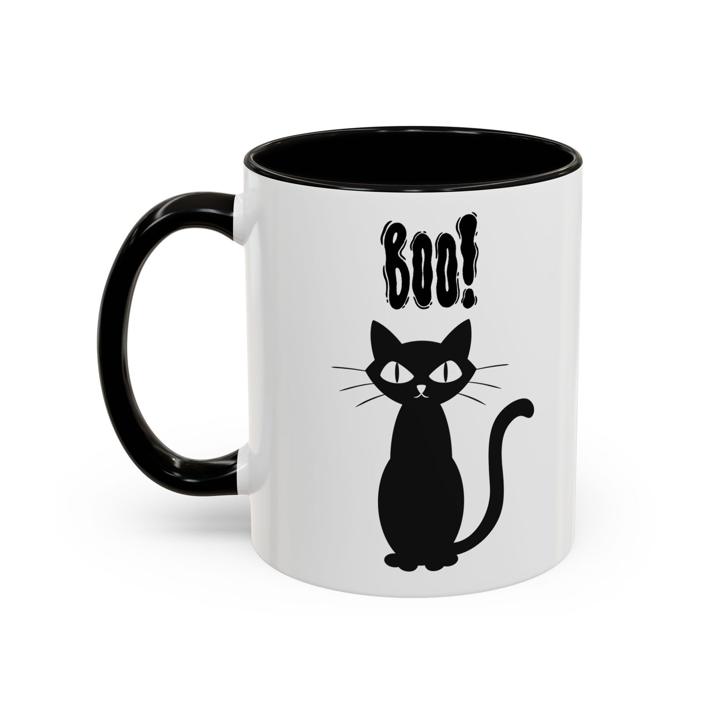 ''Boo" Black Kitty, White Ceramic Mugs With Colorful Accents (11oz and 15oz)