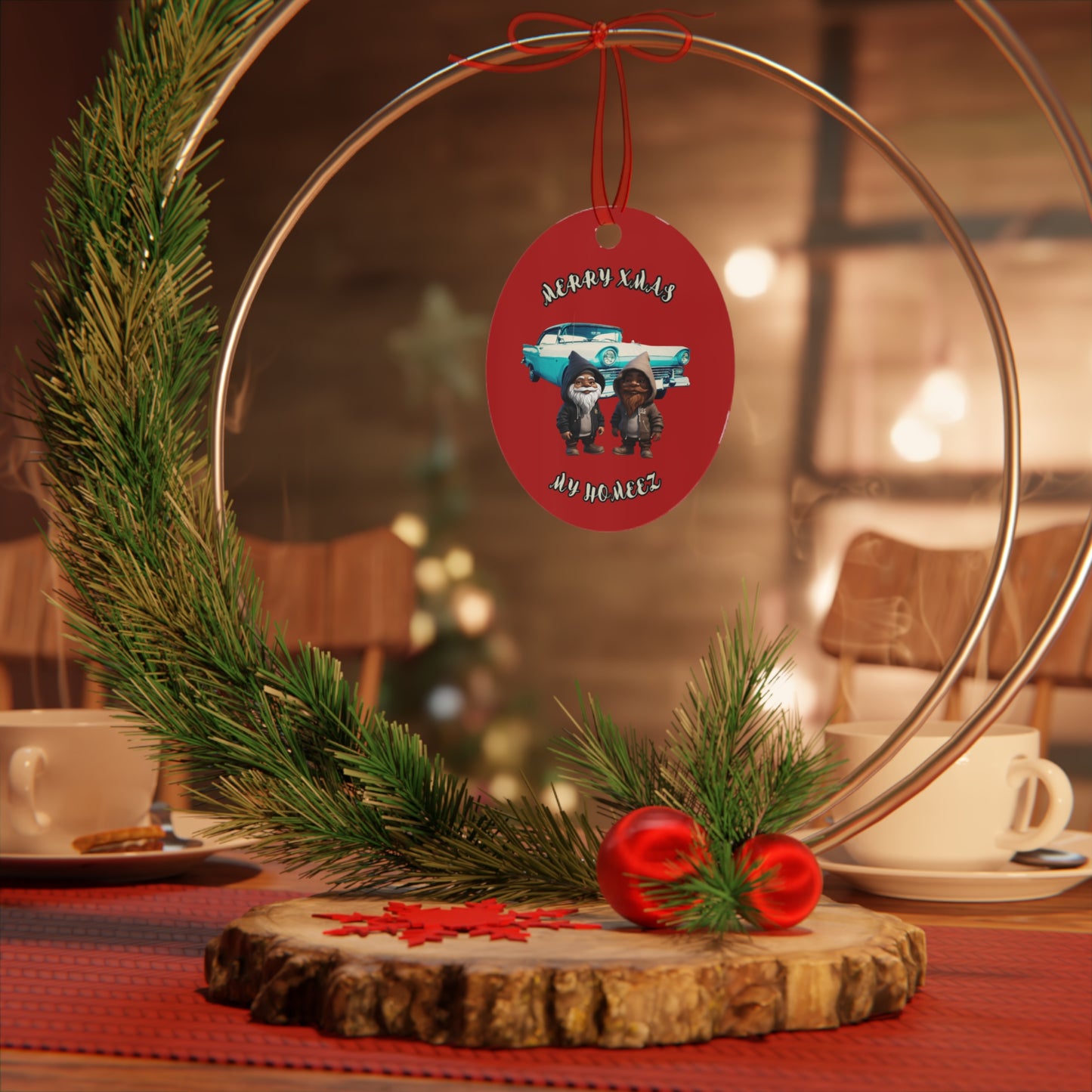 "Merry Xmas My Homeez/Feliz Navidad Mis Homeez", Red Oval Metal Ornament
