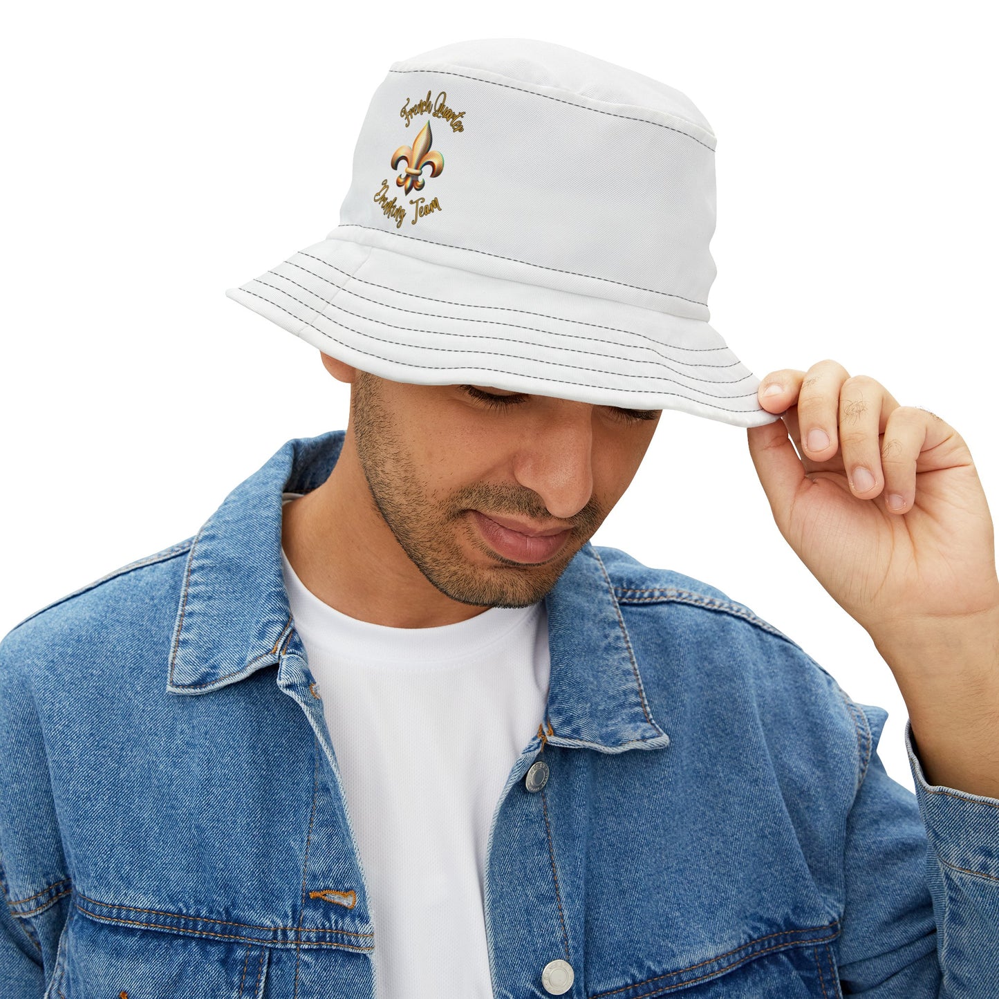 "French Quarter Drinking Team" White Bucket Hat with Black or White Stitching